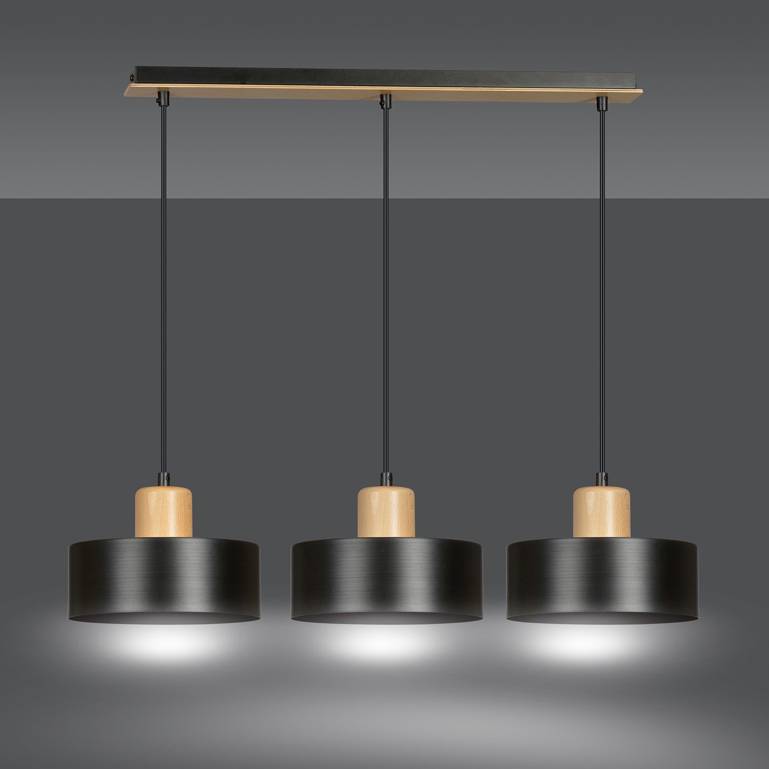 Sospensione Nordica 3 Luci Ravi In Acciaio Nero E Legno 1046/3