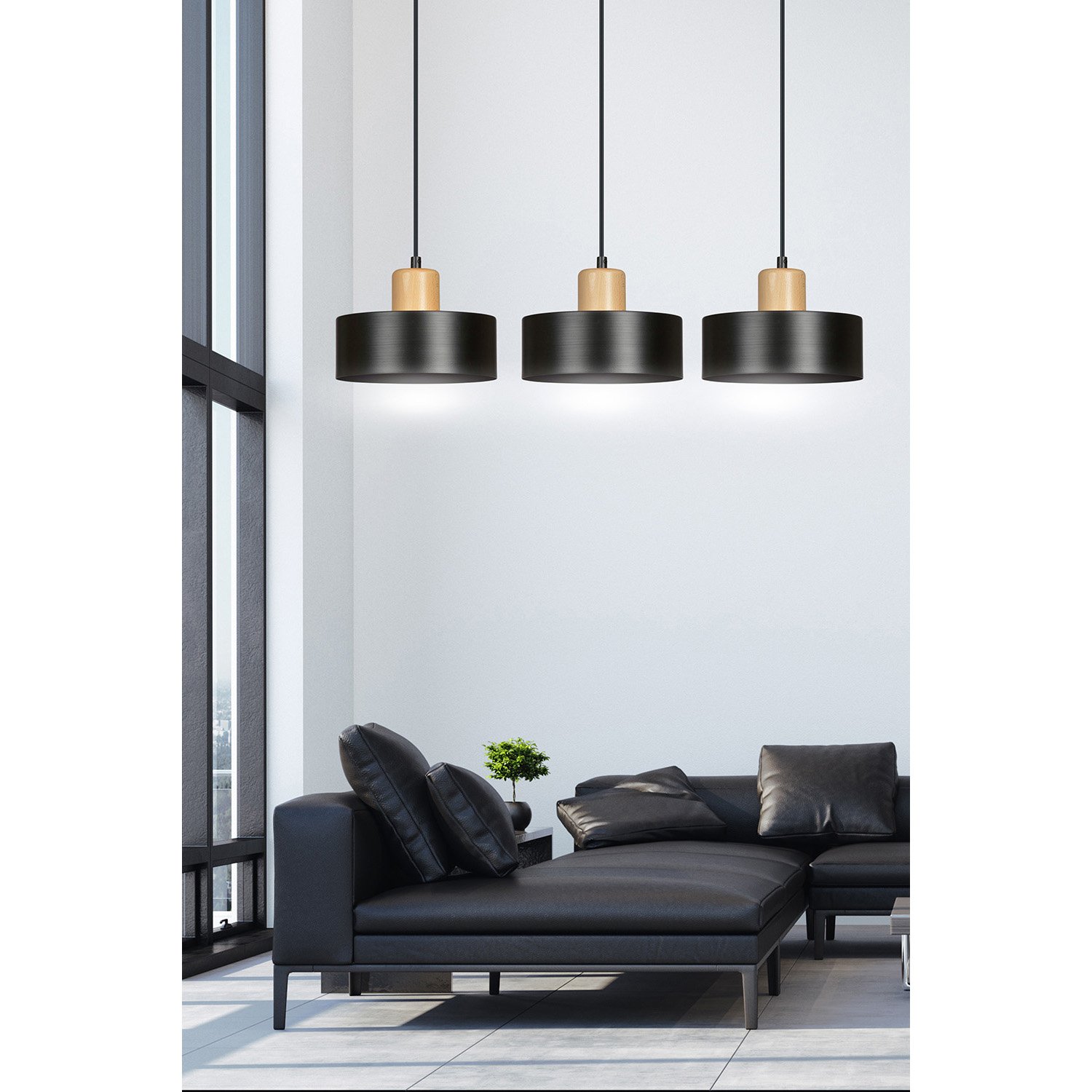 Sospensione Nordica 3 Luci Ravi In Acciaio Nero E Legno 1046/3
