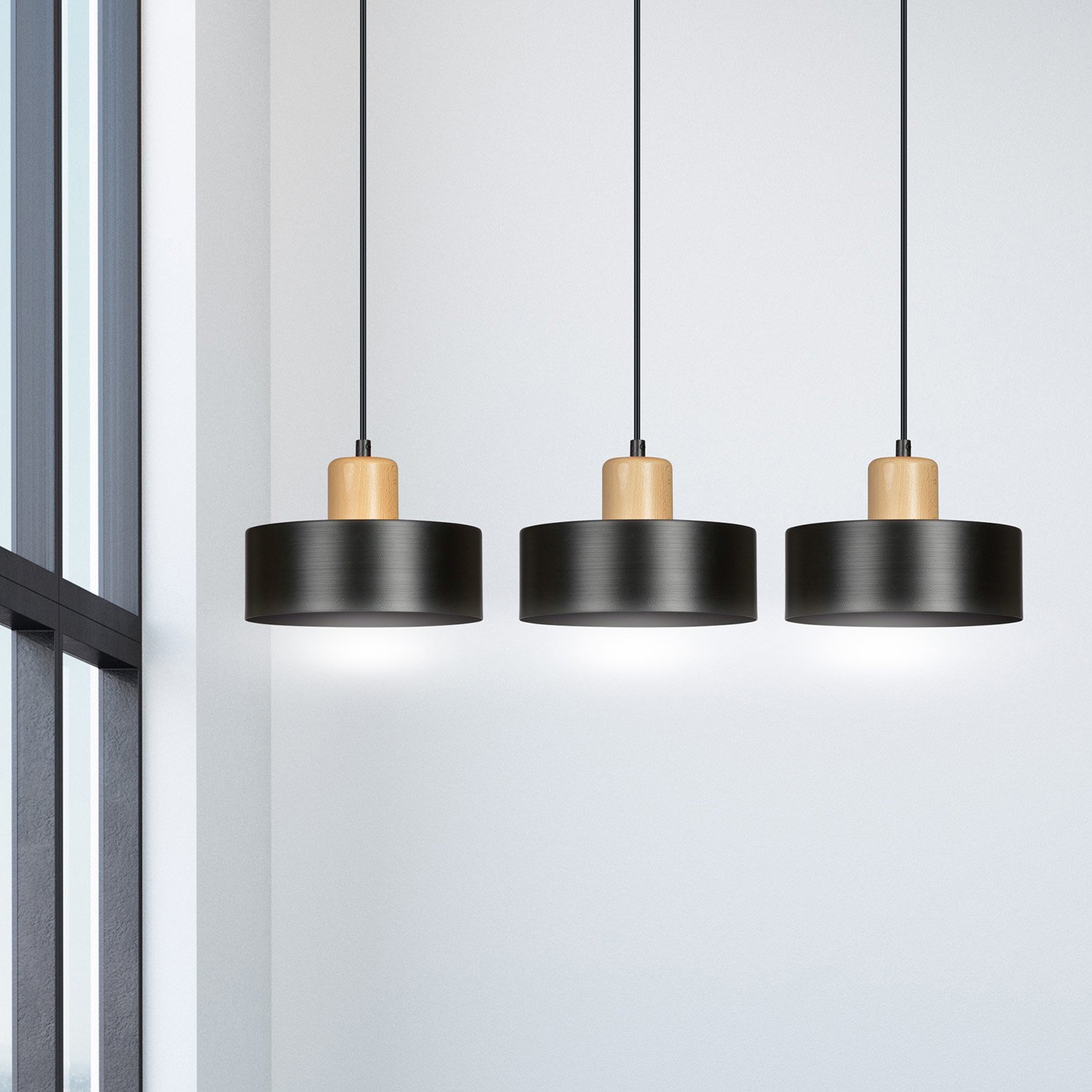 Sospensione Nordica 3 Luci Ravi In Acciaio Nero E Legno 1046/3