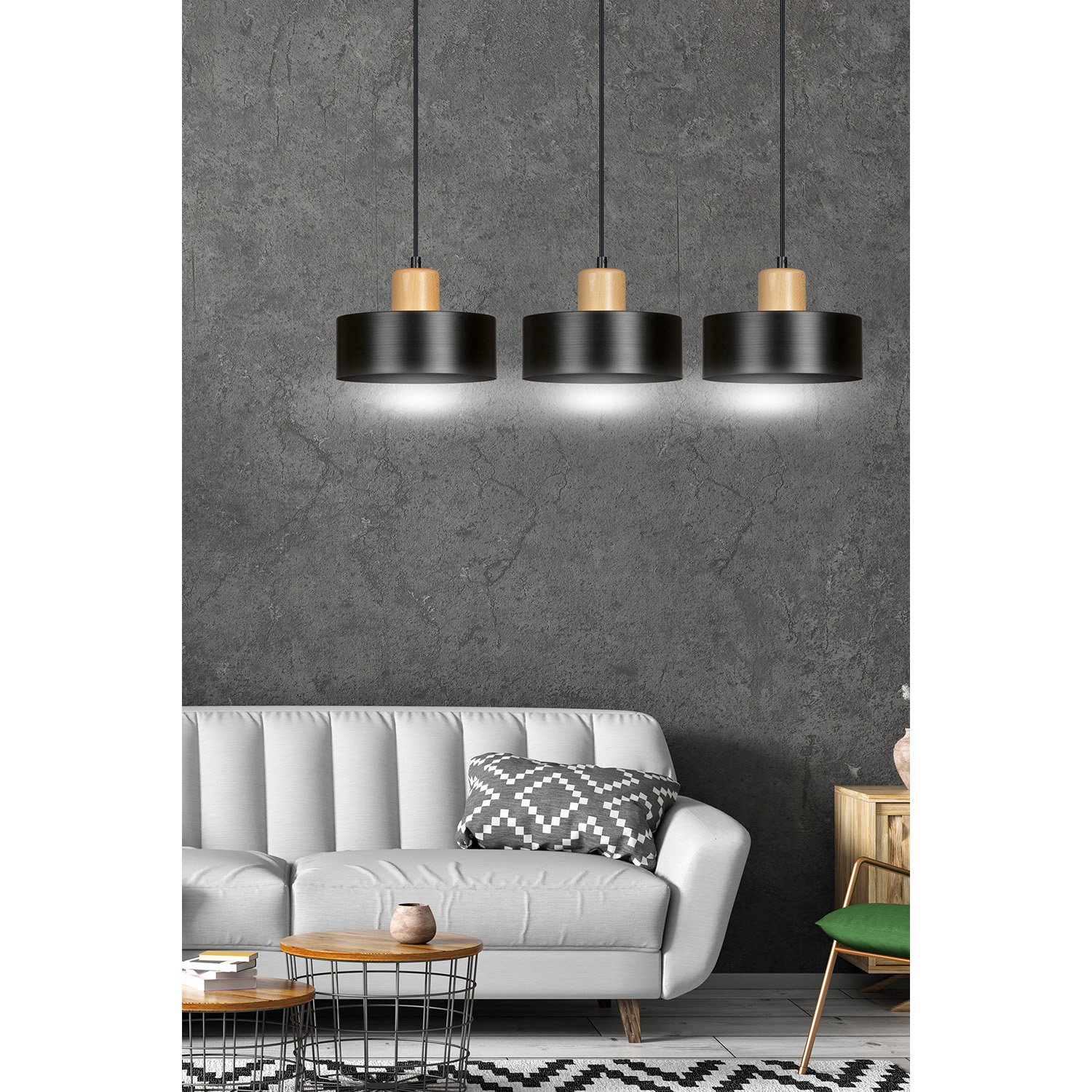 Sospensione Nordica 3 Luci Ravi In Acciaio Nero E Legno 1046/3
