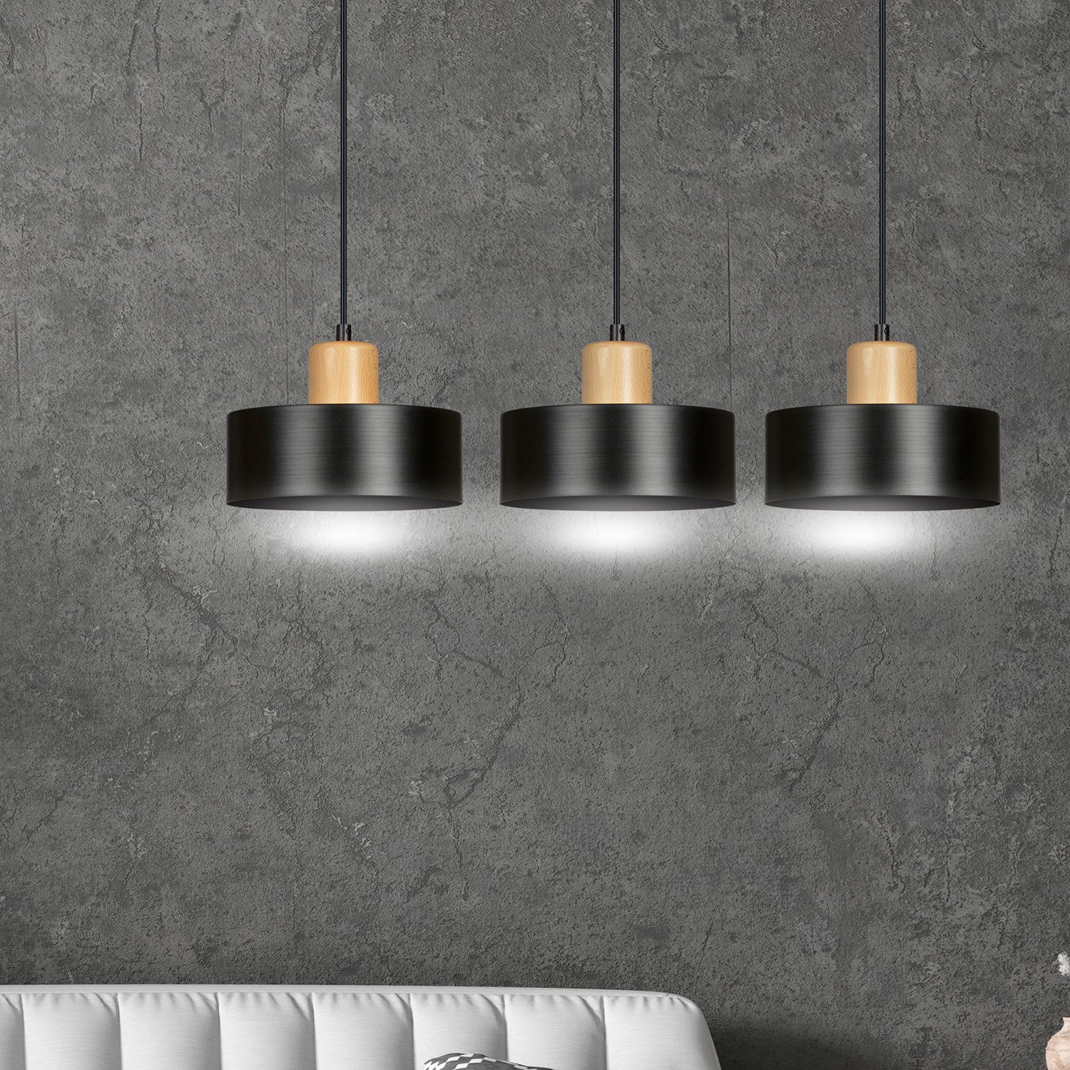 Sospensione Nordica 3 Luci Ravi In Acciaio Nero E Legno 1046/3