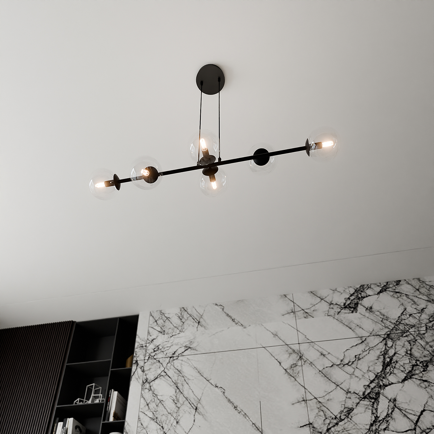 Lampadario Contemporaneo 6 Luci Durga In Acciaio Nero E Sfere Vetro Trasparente LA0135-EB-6-NR-TR