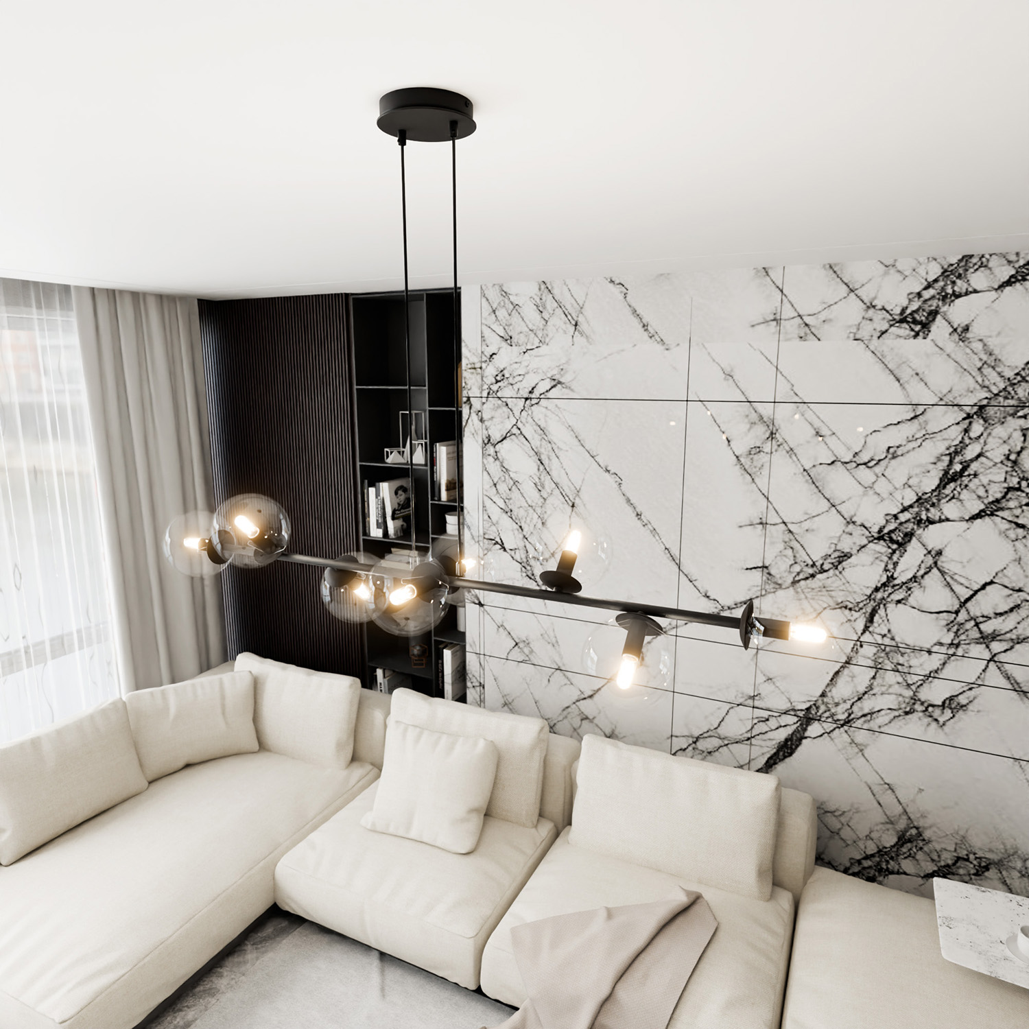 Lampadario Contemporaneo 8 Luci Durga In Acciaio Nero E Sfere Vetro Trasparente LA0135-EB-8-NR-TR