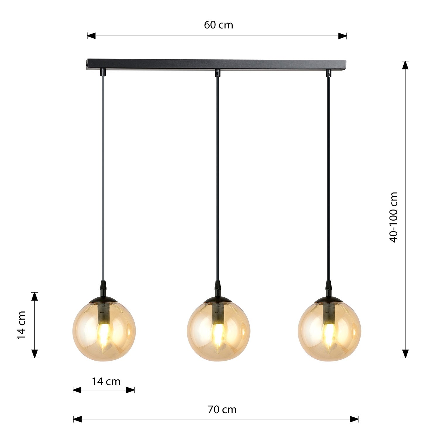 Sospensione Moderna 3 Luci Kali In Acciaio Nero E Sfere In Vetro Ambra LA0139-EB-3-NR-AM