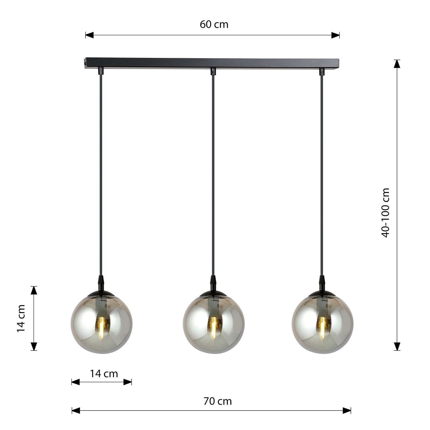 Sospensione Moderna 3 Luci Kali In Acciaio Nero E Sfere In Vetro Fumè LA0139-EB-3-NR-GR