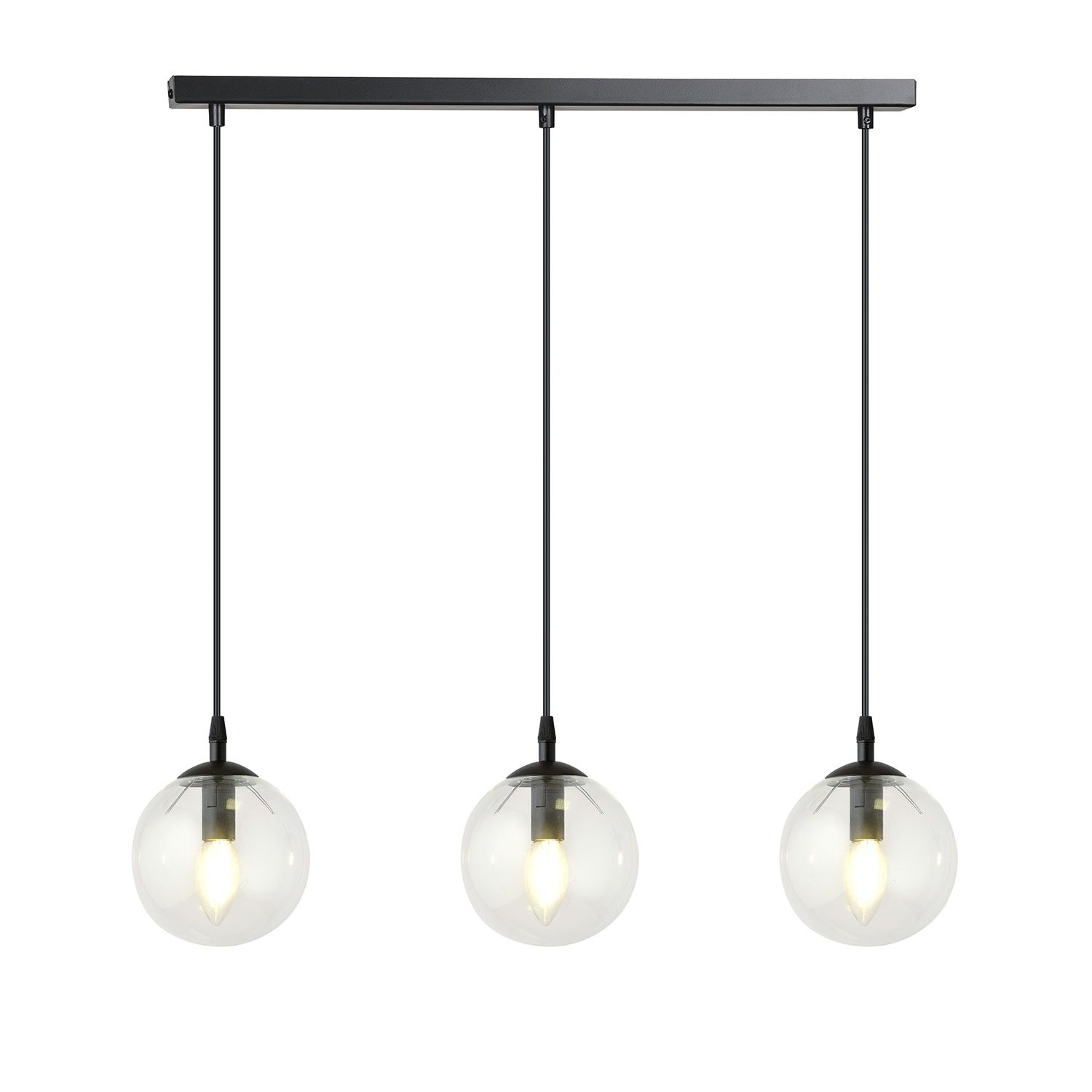 Sospensione Moderna 3 Luci Kali In Acciaio Nero E Sfere In Vetro Trasparente
