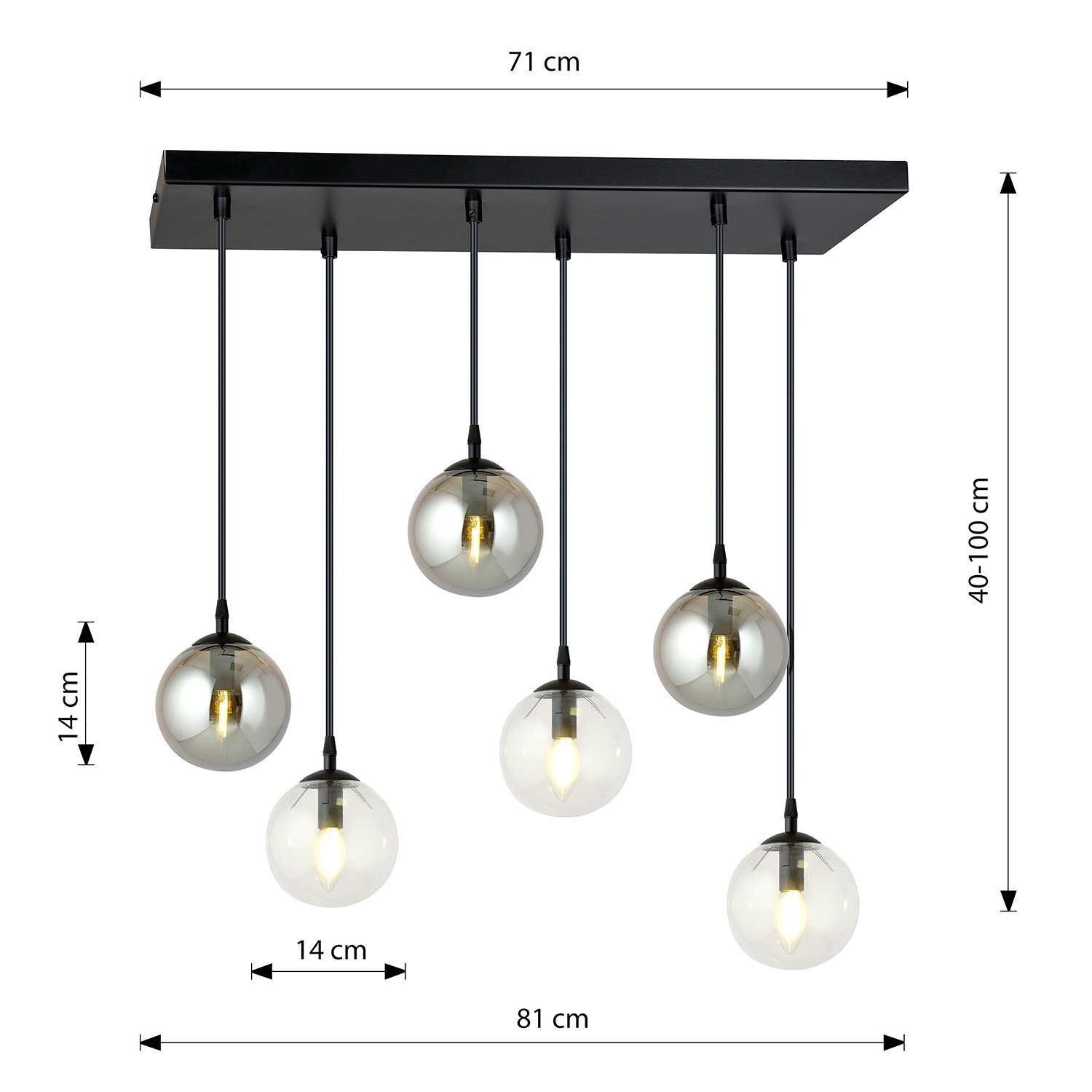 Sospensione 6 Luci Kali In Acciaio Nero E Sfere In Vetro Trasparente E Fumè LA0139-EB-6-TR-GR