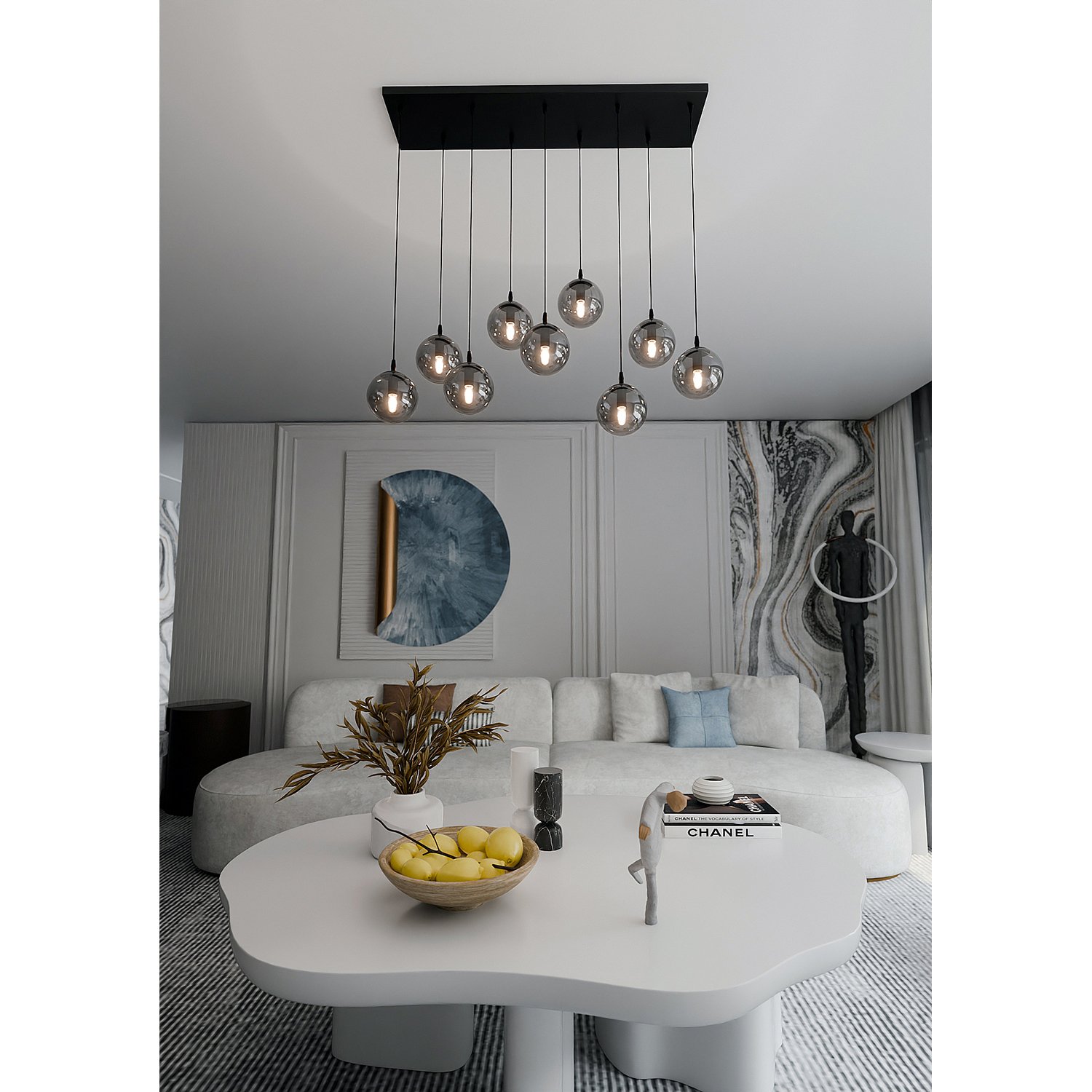 Sospensione Moderna 9 Luci Kali In Acciaio Nero E Sfere In Vetro Fumè LA0139-EB-9-NR-GR