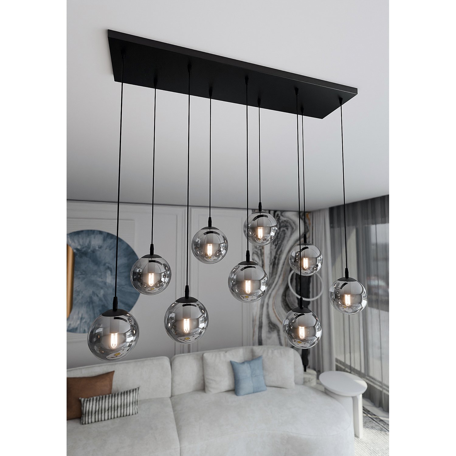 Sospensione Moderna 9 Luci Kali In Acciaio Nero E Sfere In Vetro Fumè LA0139-EB-9-NR-GR