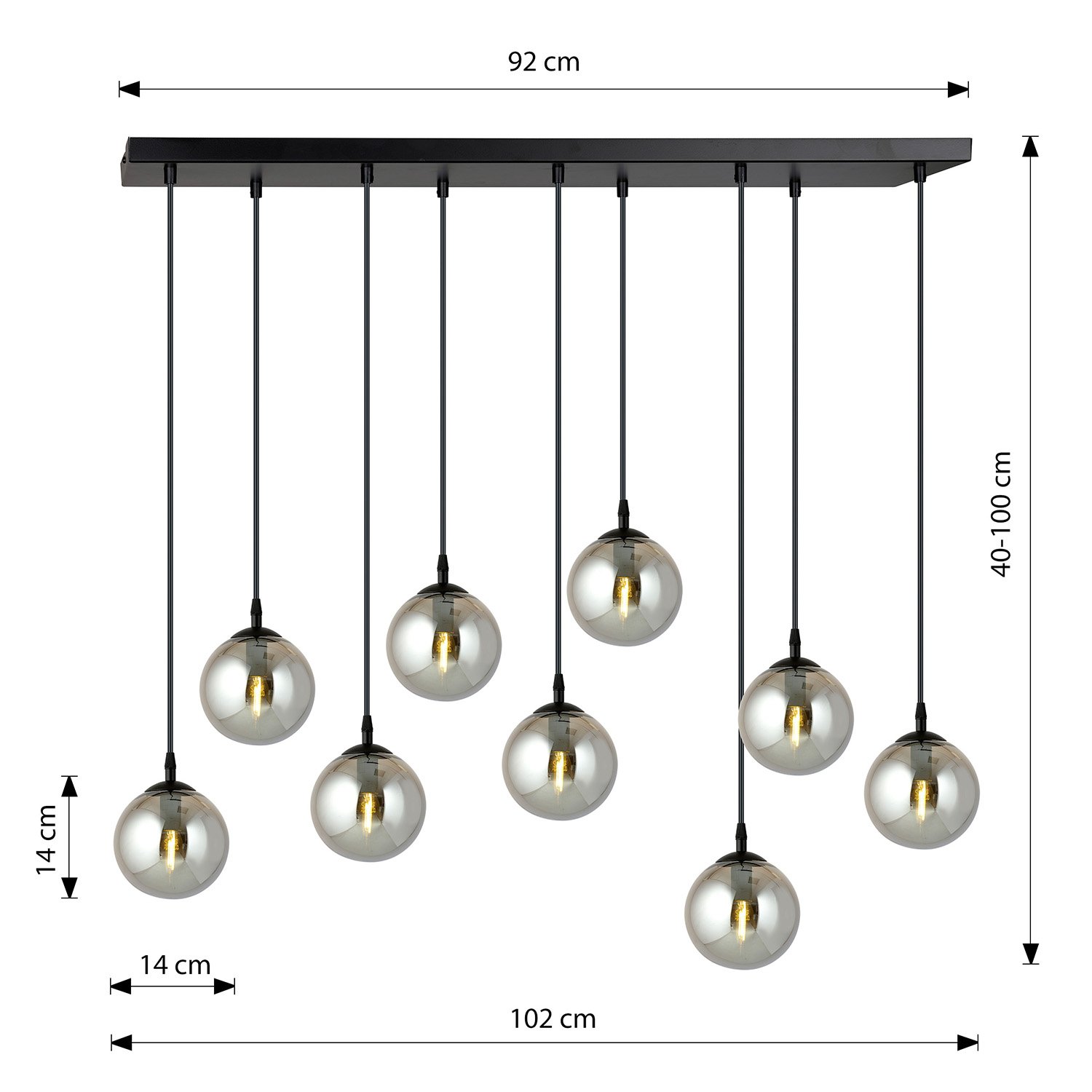 Sospensione Moderna 9 Luci Kali In Acciaio Nero E Sfere In Vetro Fumè LA0139-EB-9-NR-GR
