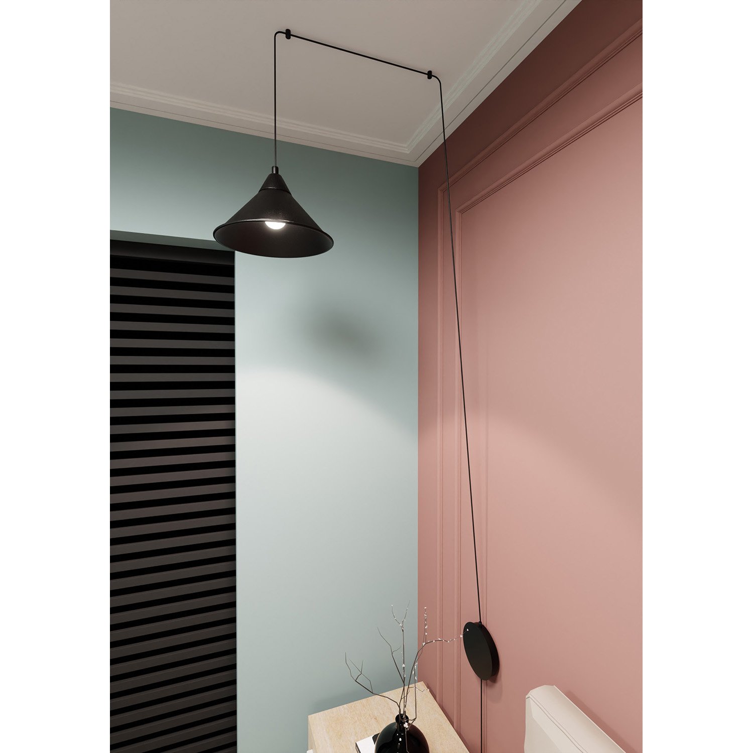 Sospensione Minimal 1 Luce Fujin In Acciao Nero E Paralume A Cono LA0147-EB-1-NR
