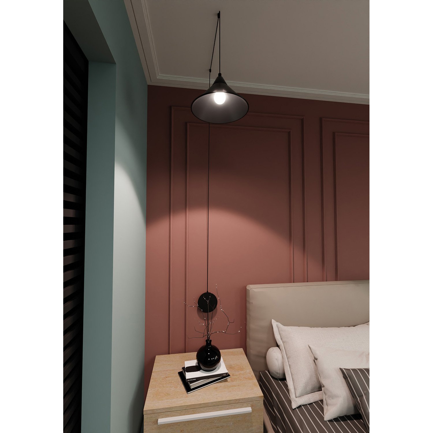 Sospensione Minimal 1 Luce Fujin In Acciao Nero E Paralume A Cono LA0147-EB-1-NR