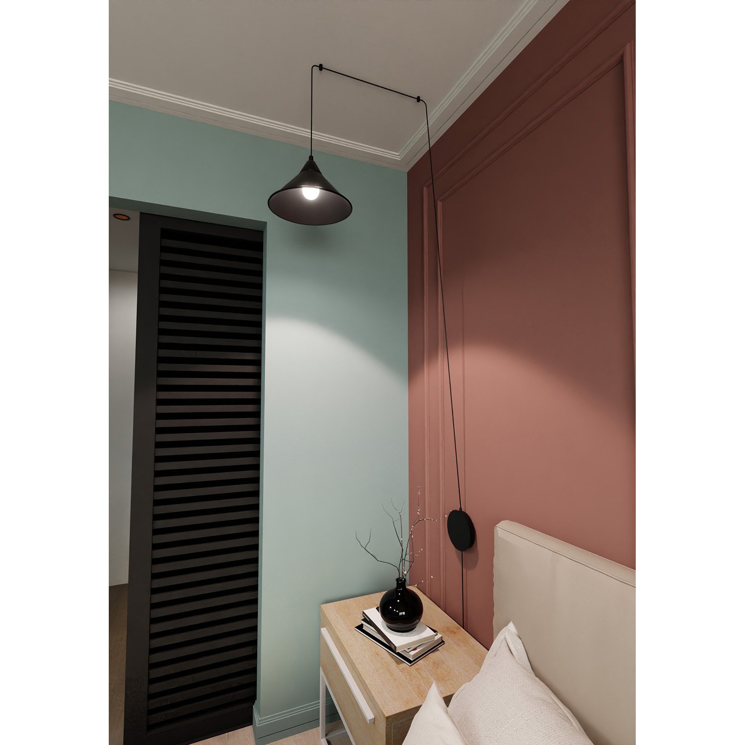 Sospensione Minimal 1 Luce Fujin In Acciao Nero E Paralume A Cono LA0147-EB-1-NR