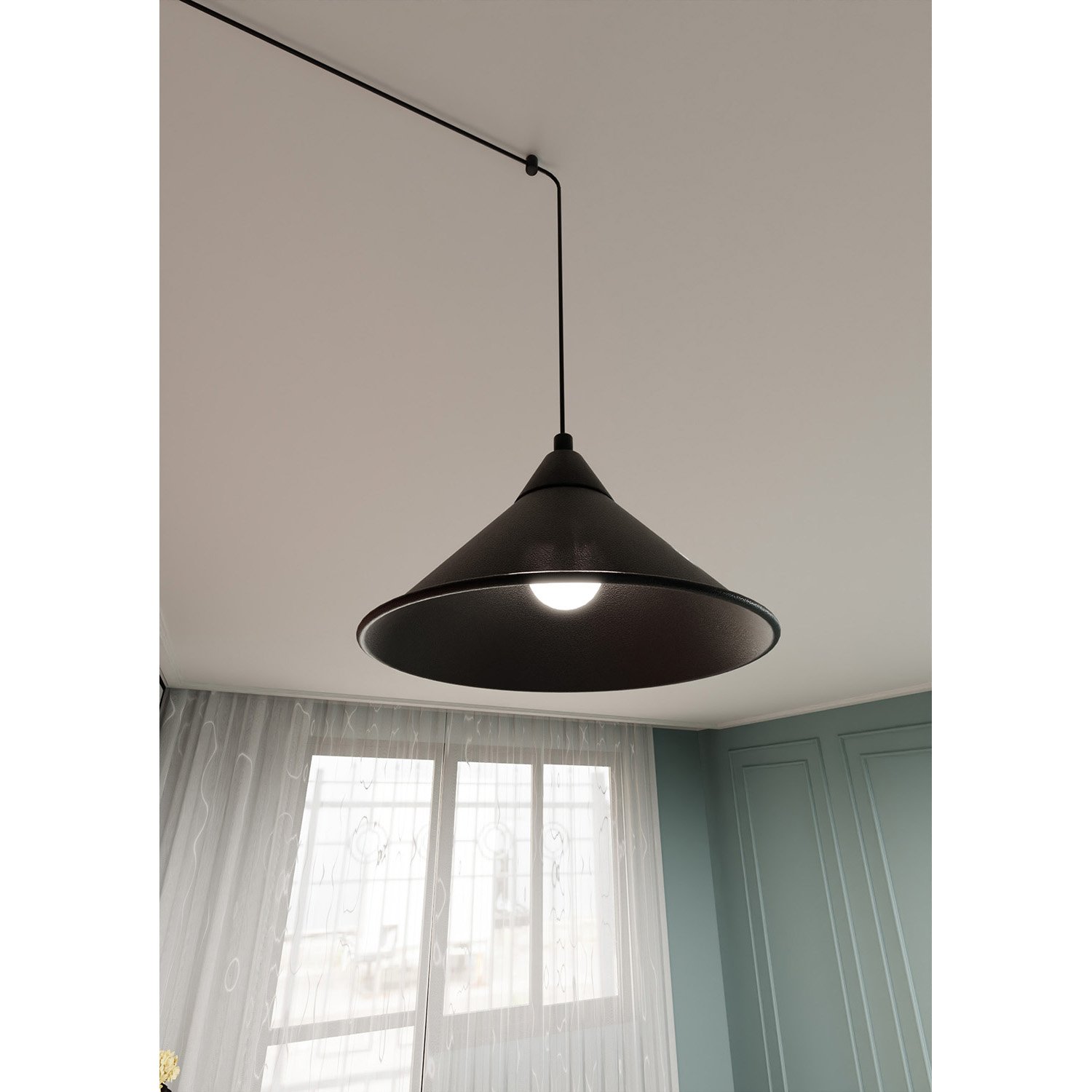 Sospensione Minimal 1 Luce Fujin In Acciao Nero E Paralume A Cono LA0147-EB-1-NR