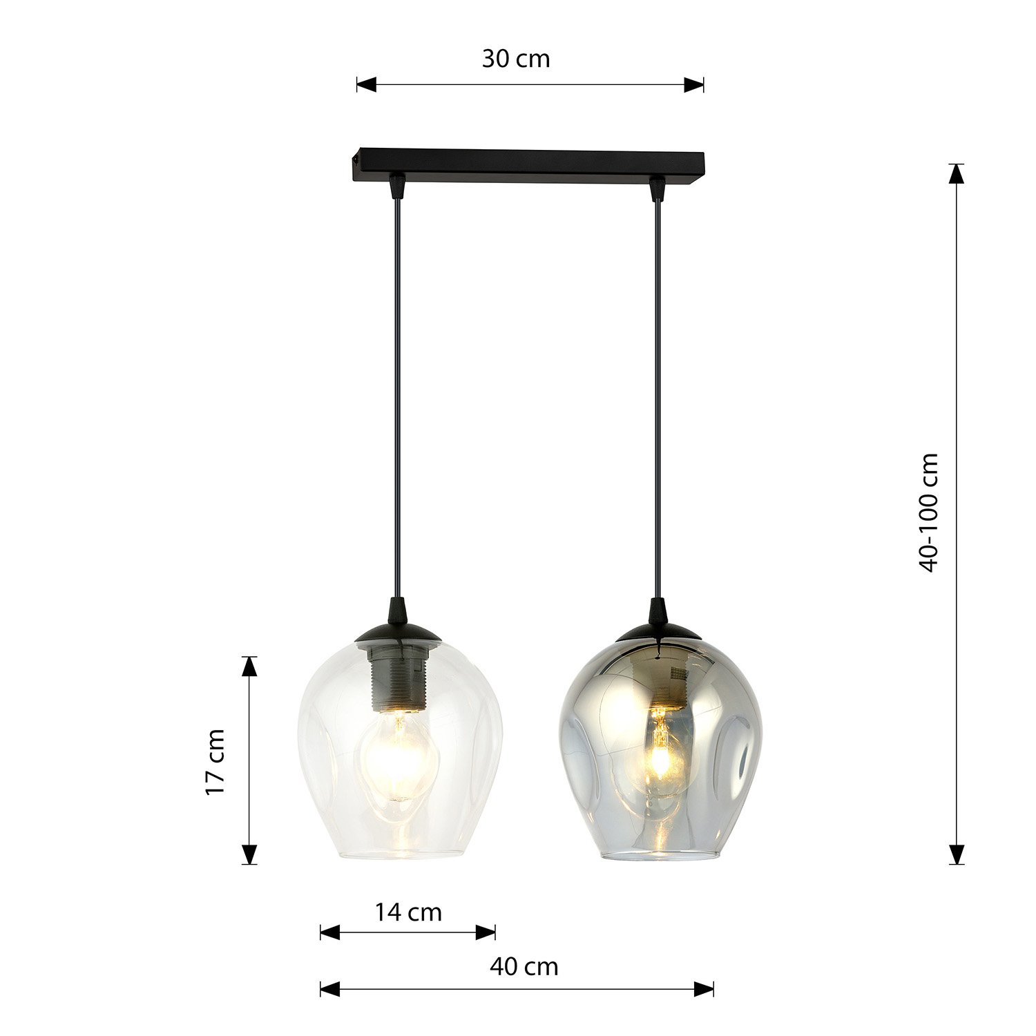 Lampadario 2 Luci Fuxi In Acciaio Nero E Vetri Fumè E Trasparente LA0159-EB-2-TR-GR