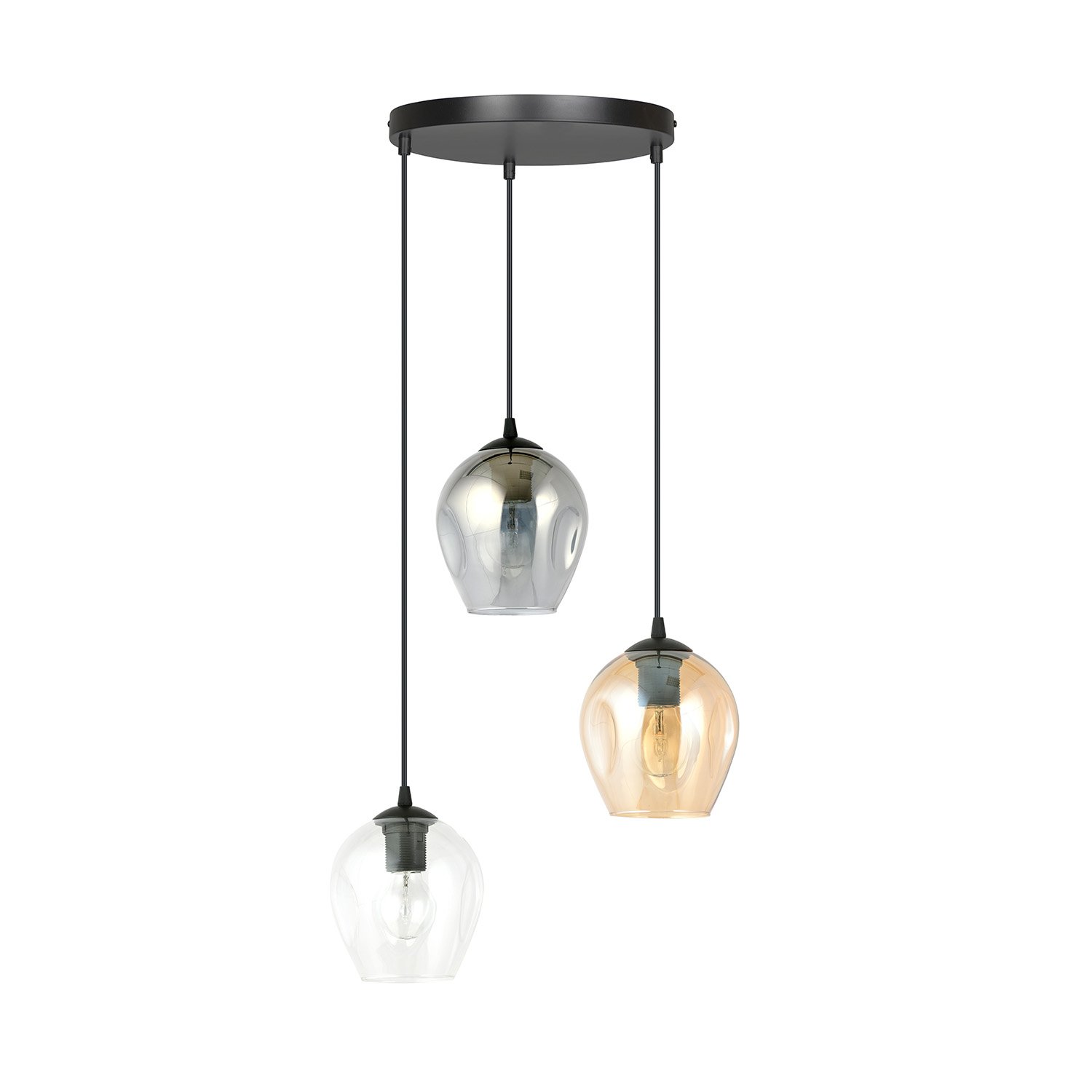 Lampadario 3 Luci Fuxi Base Tonda Acciaio Nero E Vetri Ambra Trasparente E Fumè LA0159-EB-3-GR-AM2