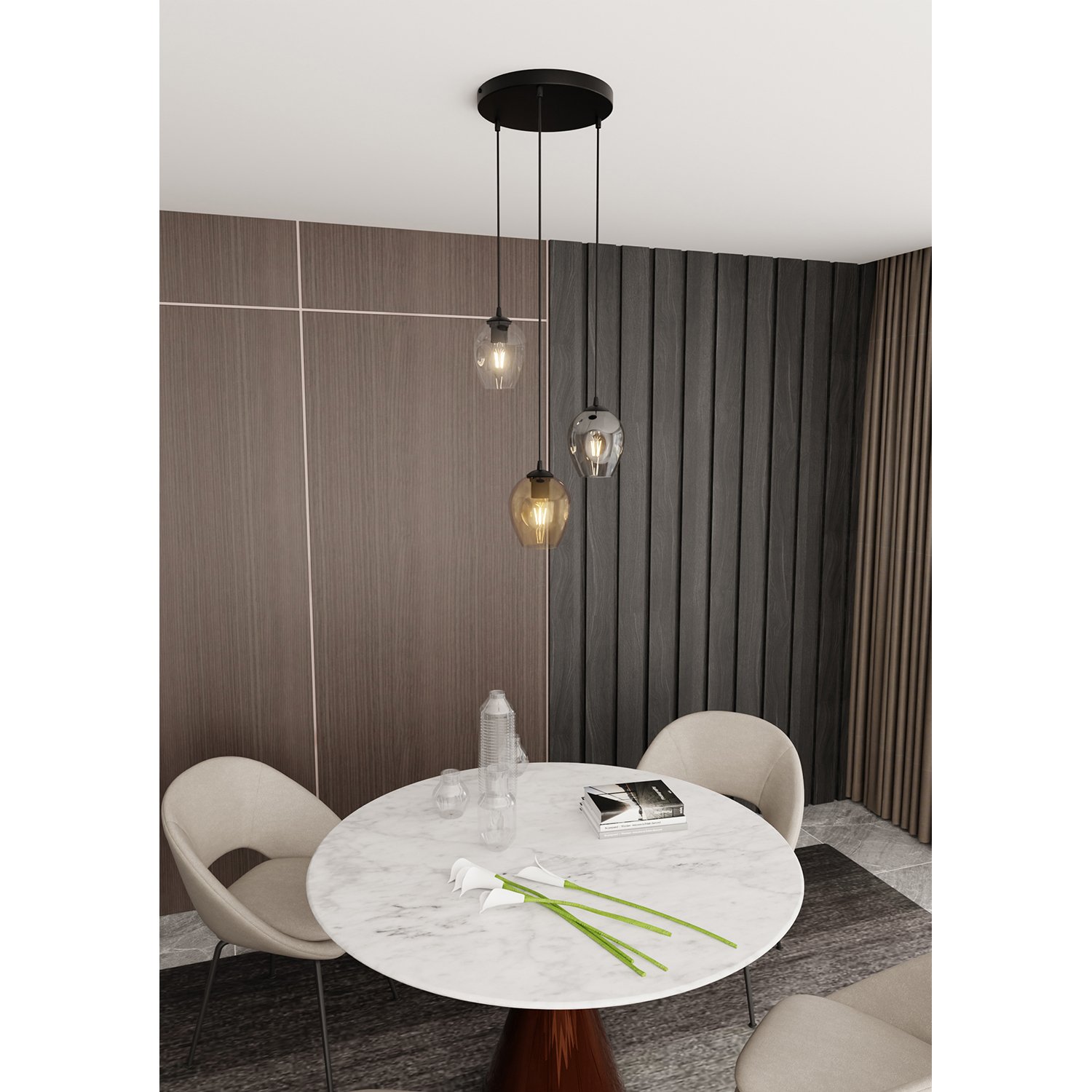Lampadario 3 Luci Fuxi Base Tonda Acciaio Nero E Vetri Ambra Trasparente E Fumè LA0159-EB-3-GR-AM2