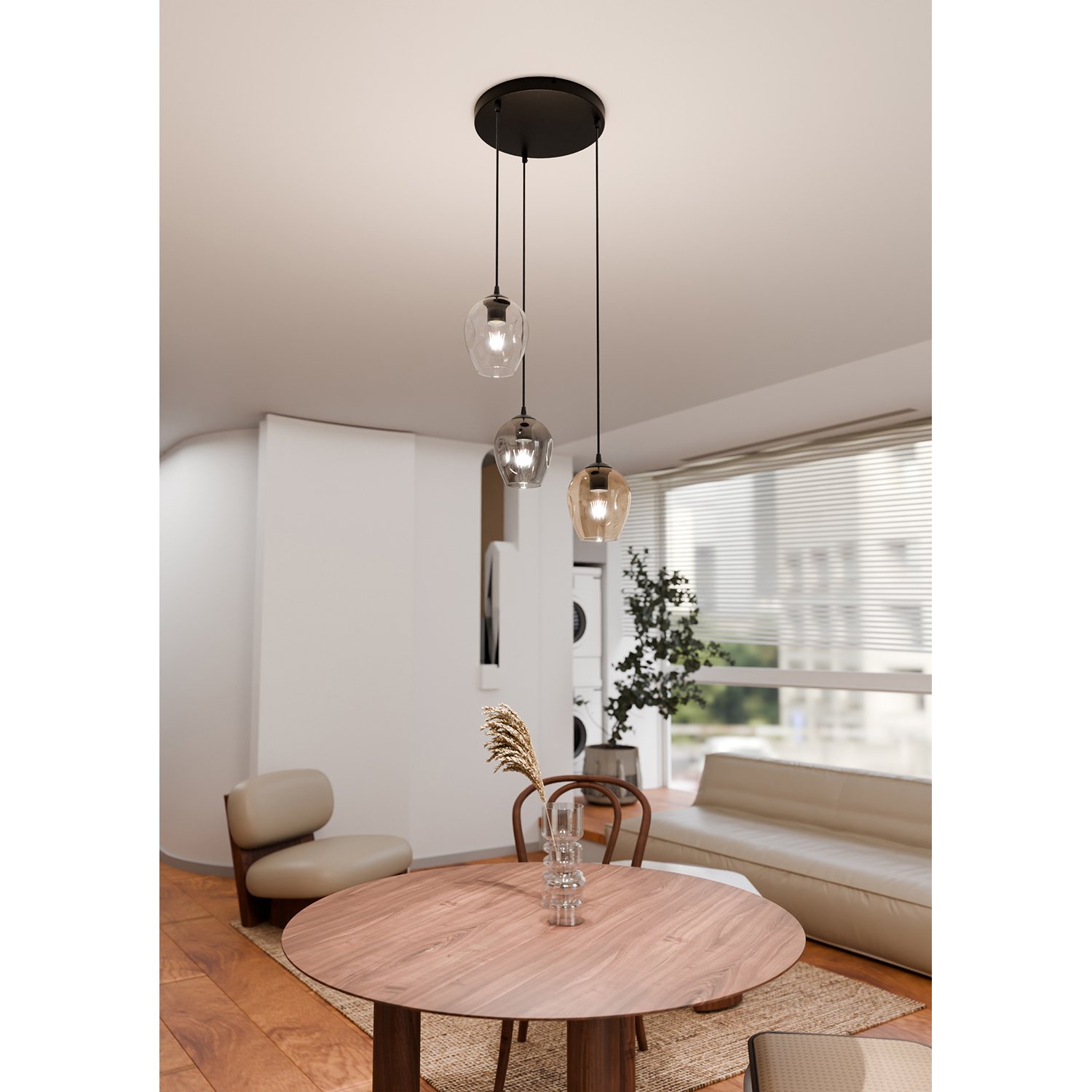 Lampadario 3 Luci Fuxi Base Tonda Acciaio Nero E Vetri Ambra Trasparente E Fumè LA0159-EB-3-GR-AM2