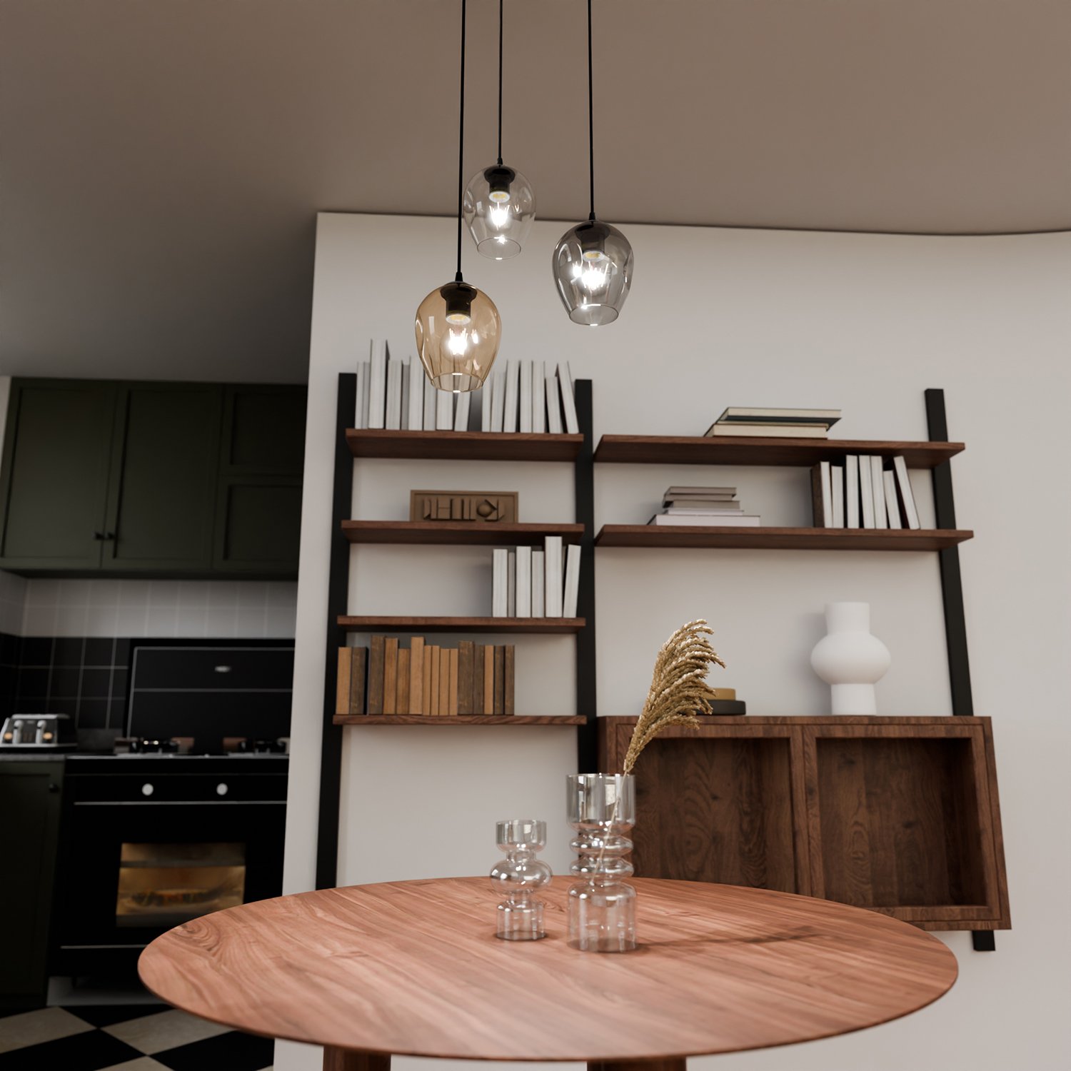 Lampadario 3 Luci Fuxi Base Tonda Acciaio Nero E Vetri Ambra Trasparente E Fumè LA0159-EB-3-GR-AM2