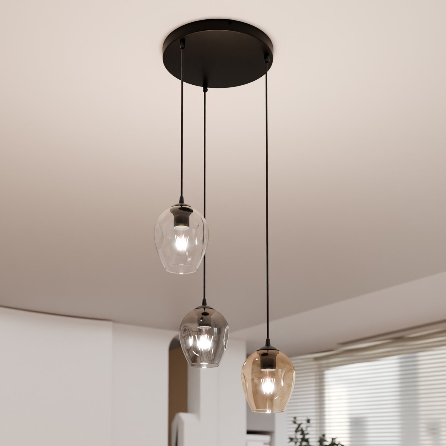 Lampadario 3 Luci Fuxi Base Tonda Acciaio Nero E Vetri Ambra Trasparente E Fumè LA0159-EB-3-GR-AM2