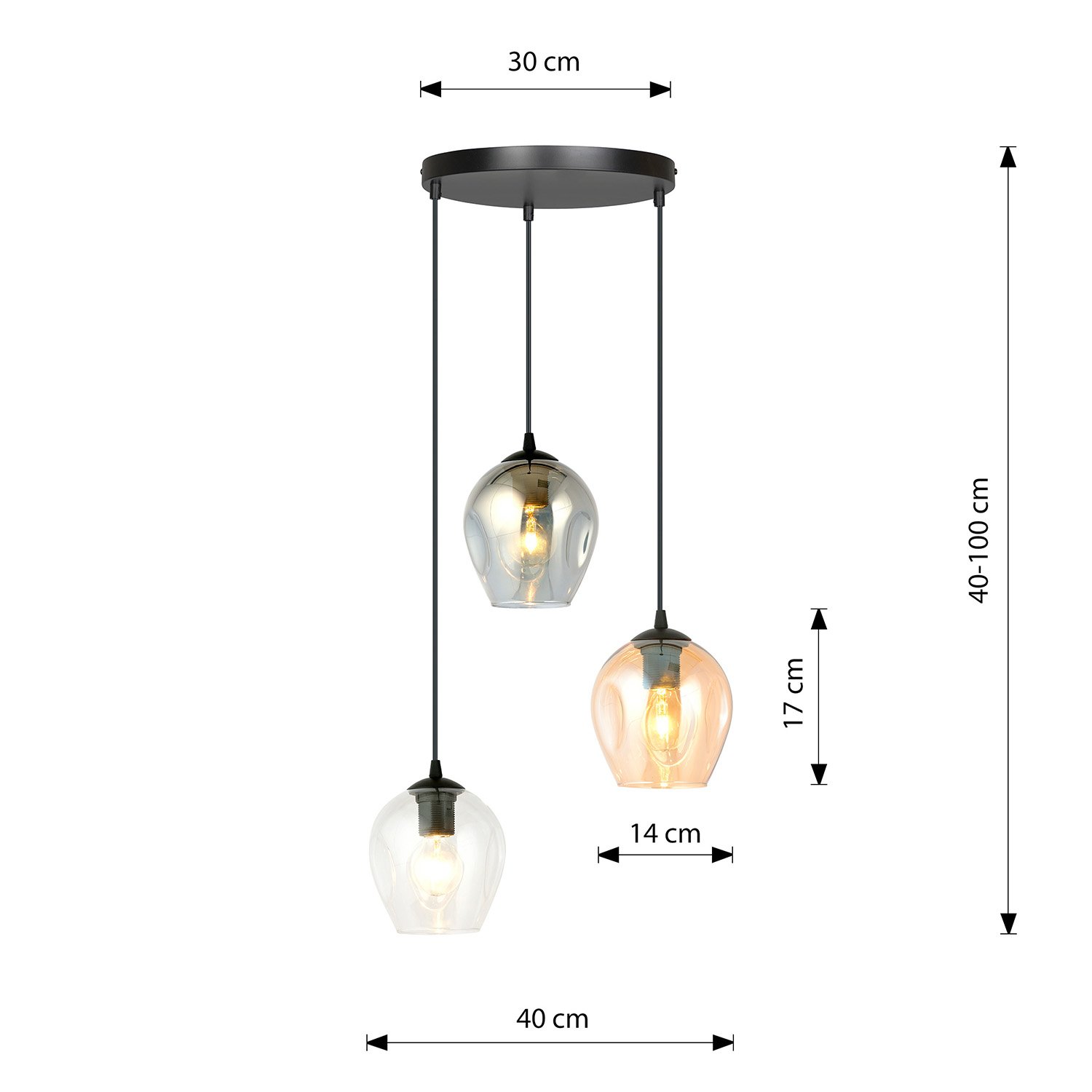 Lampadario 3 Luci Fuxi Base Tonda Acciaio Nero E Vetri Ambra Trasparente E Fumè LA0159-EB-3-GR-AM2
