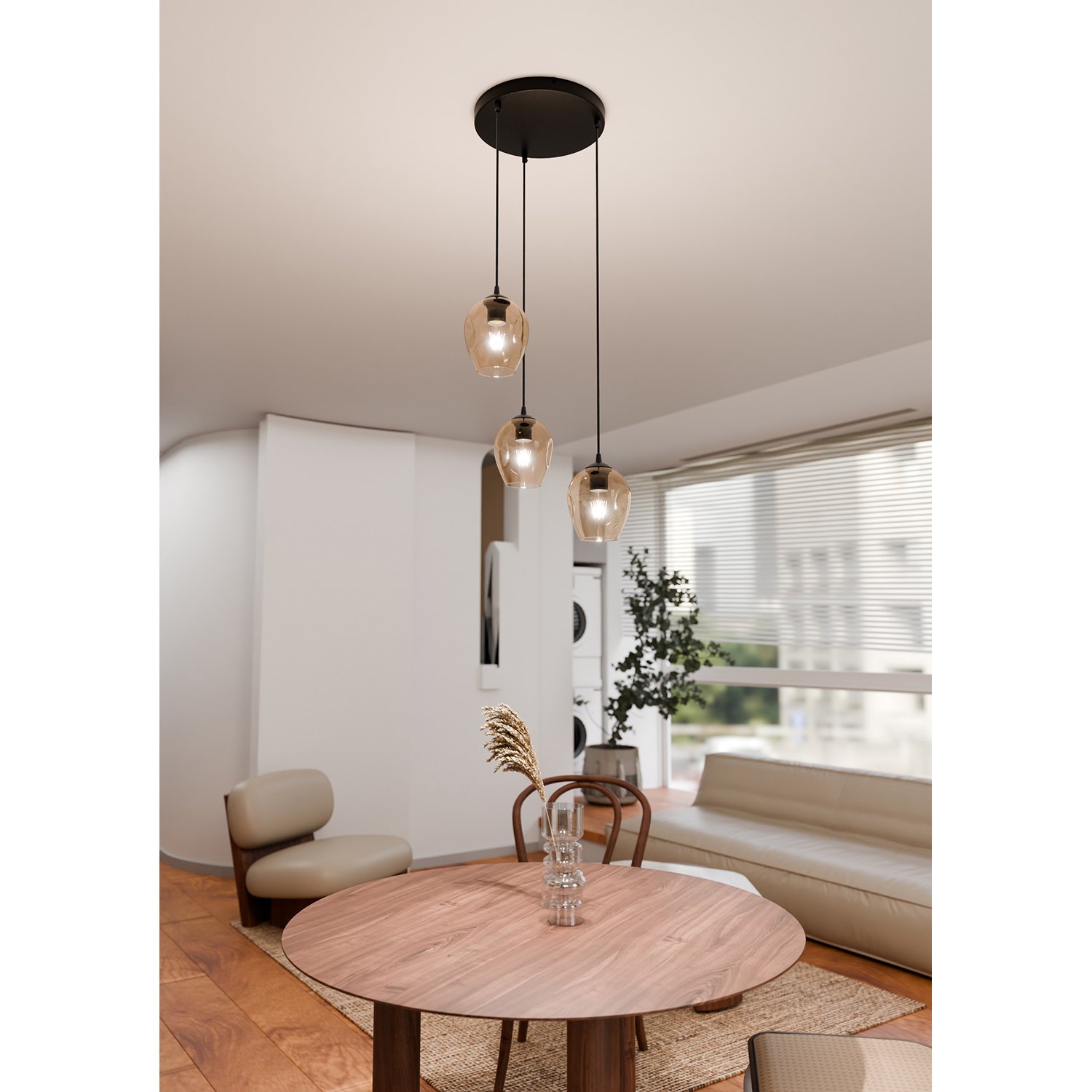 Lampadario 3 Luci Fuxi Base Tonda In Acciaio Nero E Vetri Ambra LA0159-EB-3-NR-AM2
