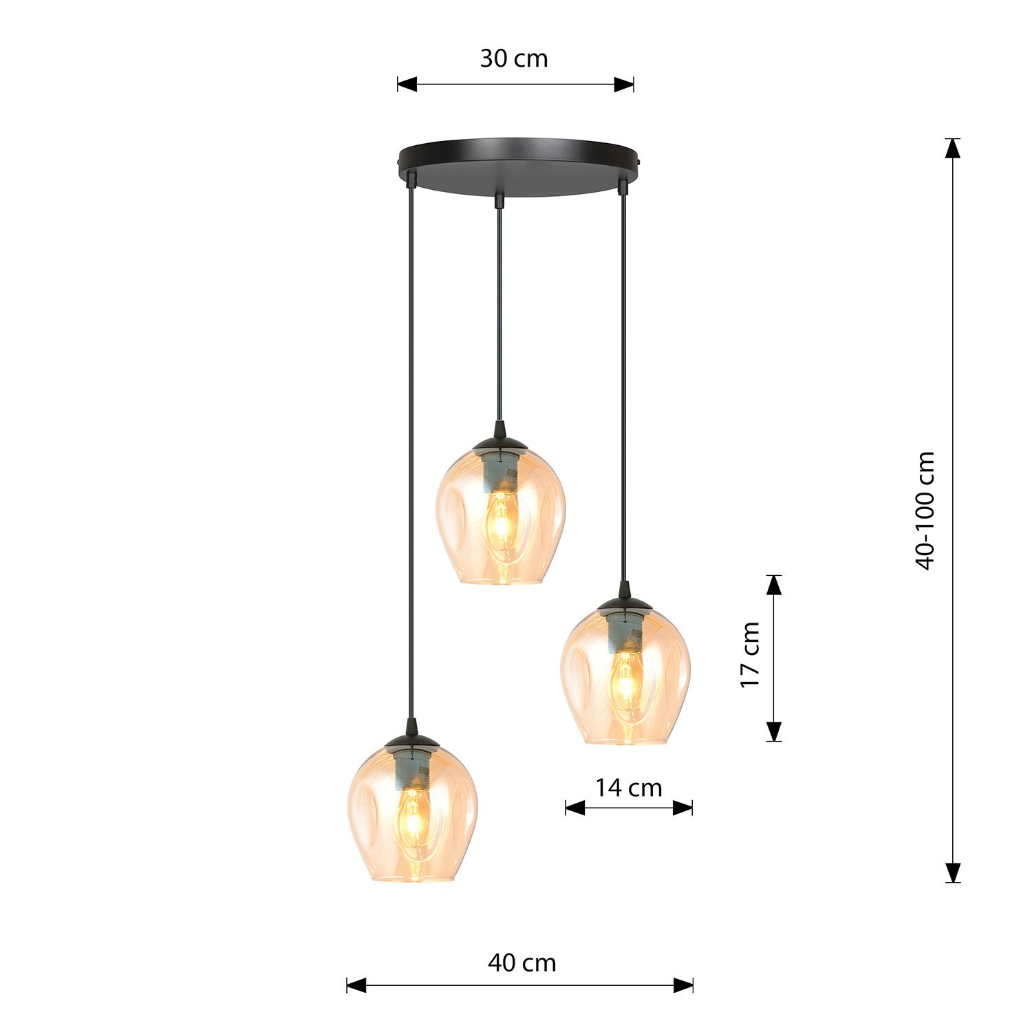 Lampadario 3 Luci Fuxi Base Tonda In Acciaio Nero E Vetri Ambra LA0159-EB-3-NR-AM2