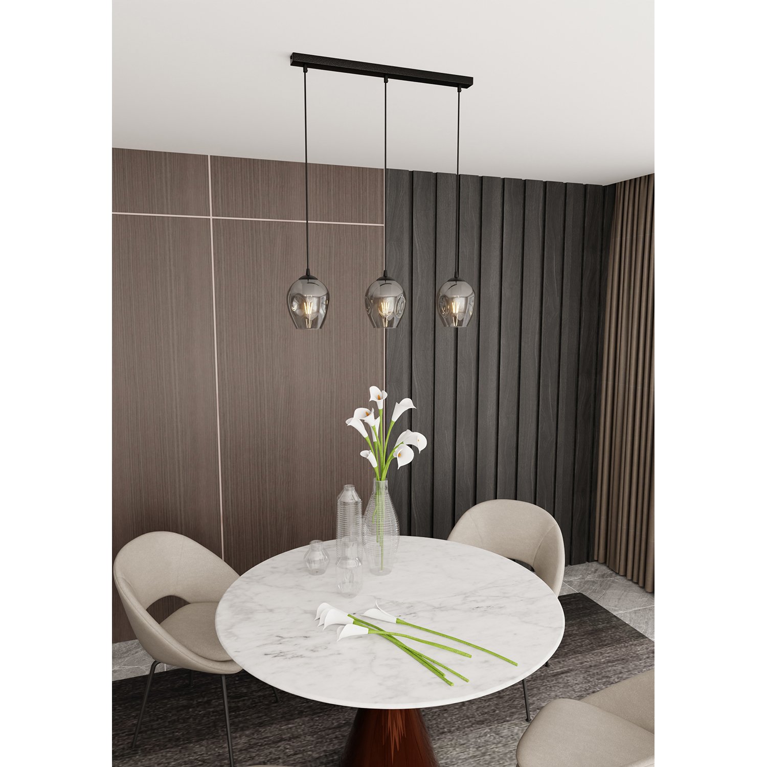 Lampadario 3 Luci Fuxi In Acciaio Nero E Vetri Fumè LA0159-EB-3-NR-GR