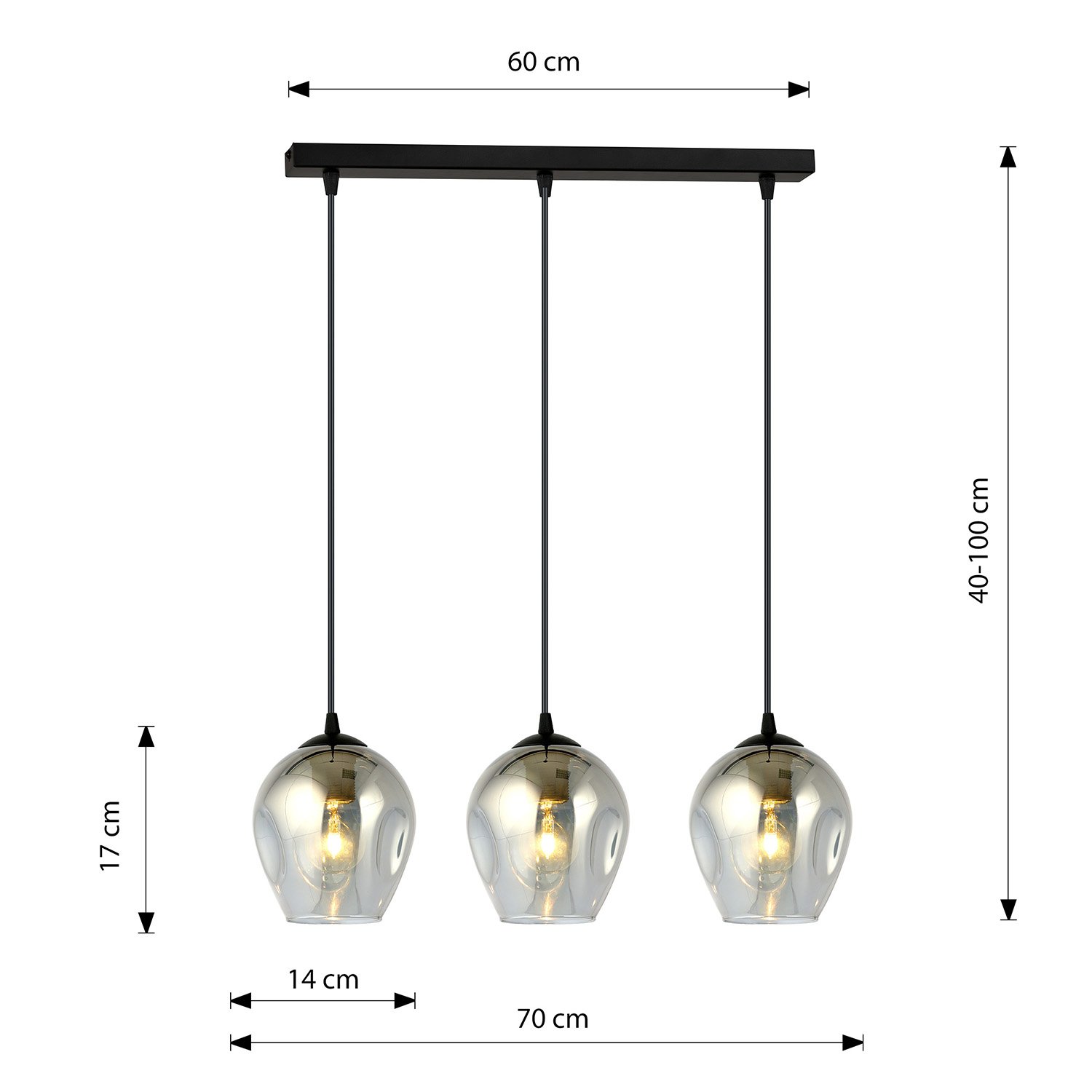 Lampadario 3 Luci Fuxi In Acciaio Nero E Vetri Fumè LA0159-EB-3-NR-GR