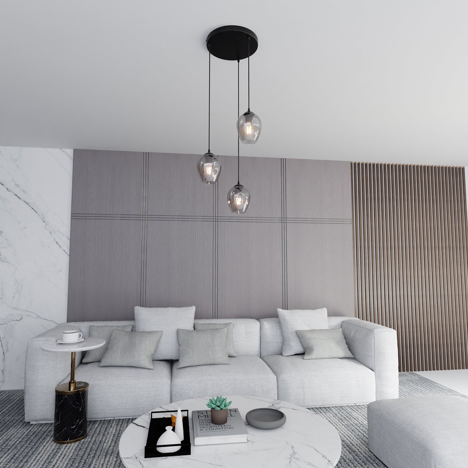 Lampadario 3 Luci Fuxi Base Tonda In Acciaio Nero E Vetri Fumè LA0159-EB-3-NR-GR2