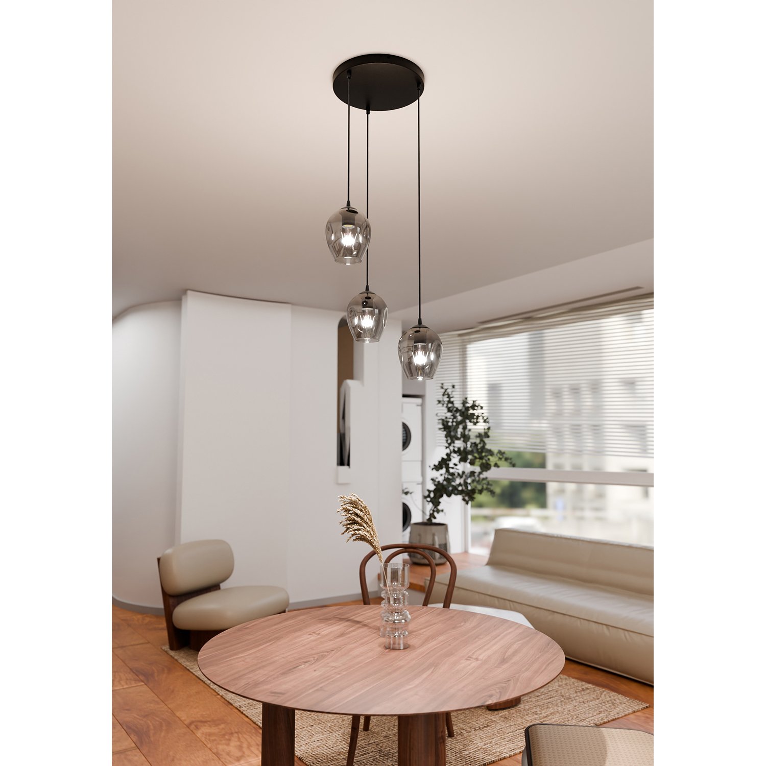 Lampadario 3 Luci Fuxi Base Tonda In Acciaio Nero E Vetri Fumè LA0159-EB-3-NR-GR2