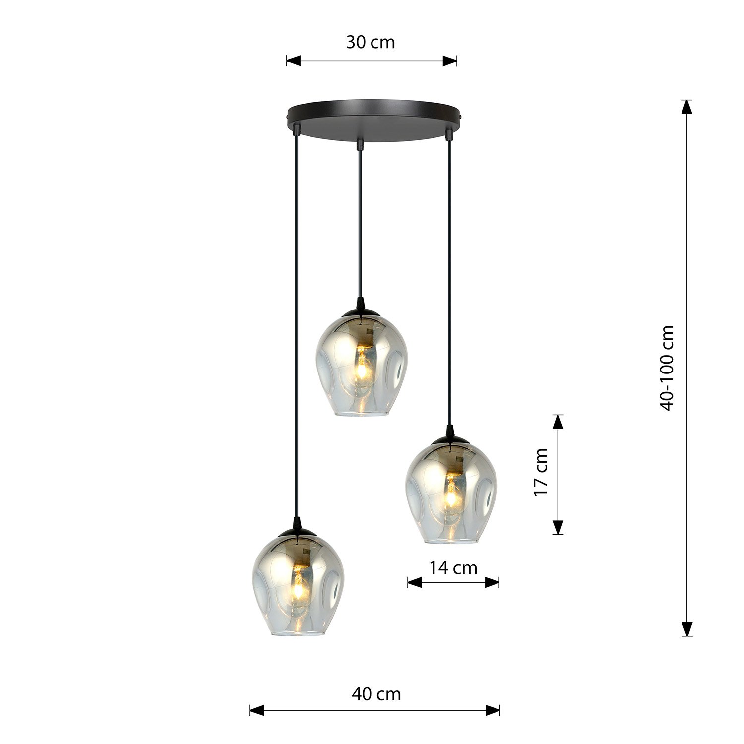 Lampadario 3 Luci Fuxi Base Tonda In Acciaio Nero E Vetri Fumè LA0159-EB-3-NR-GR2