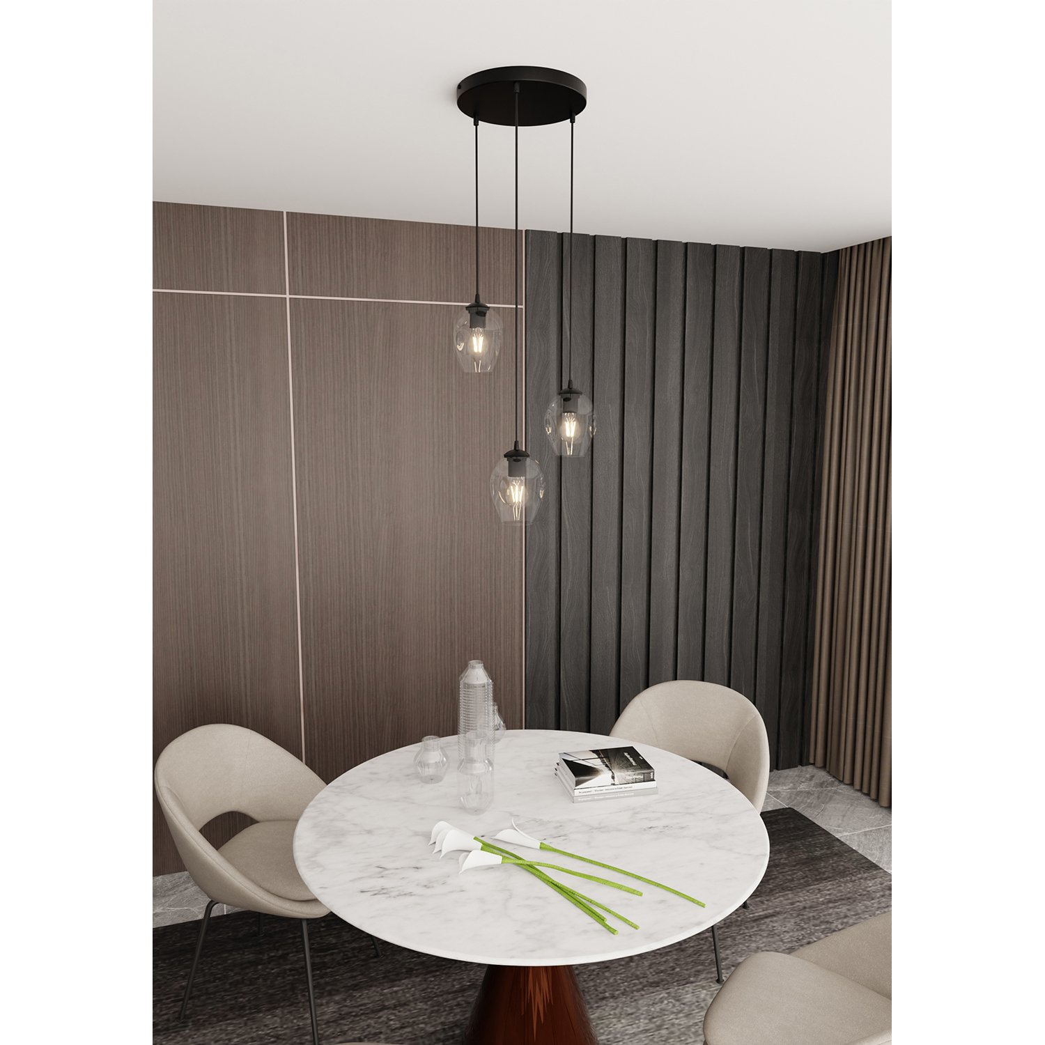 Lampadario 3 Luci Fuxi Base Tonda In Acciaio Nero E Vetri Trasparente LA0159-EB-3-NR-TR2