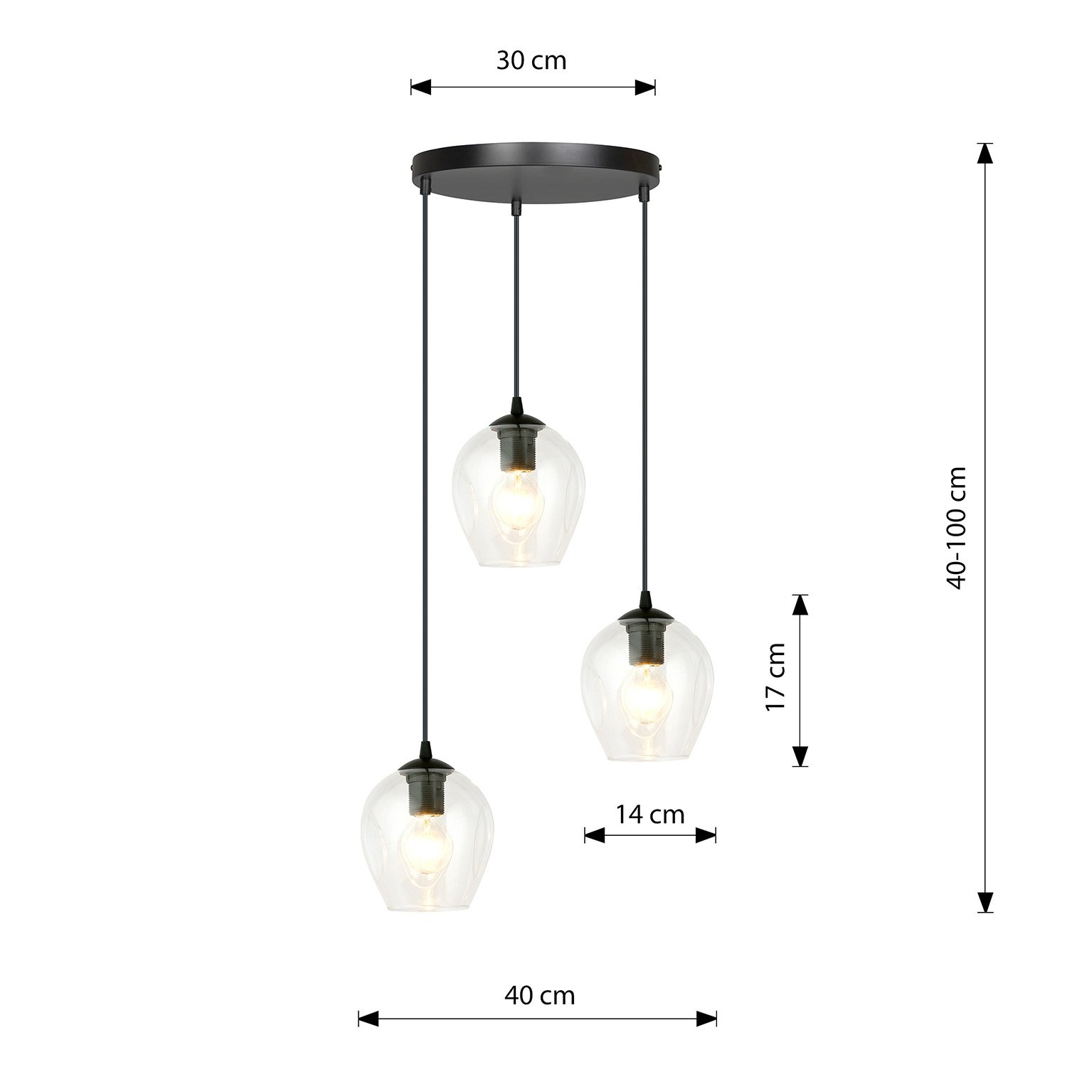 Lampadario 3 Luci Fuxi Base Tonda In Acciaio Nero E Vetri Trasparente LA0159-EB-3-NR-TR2