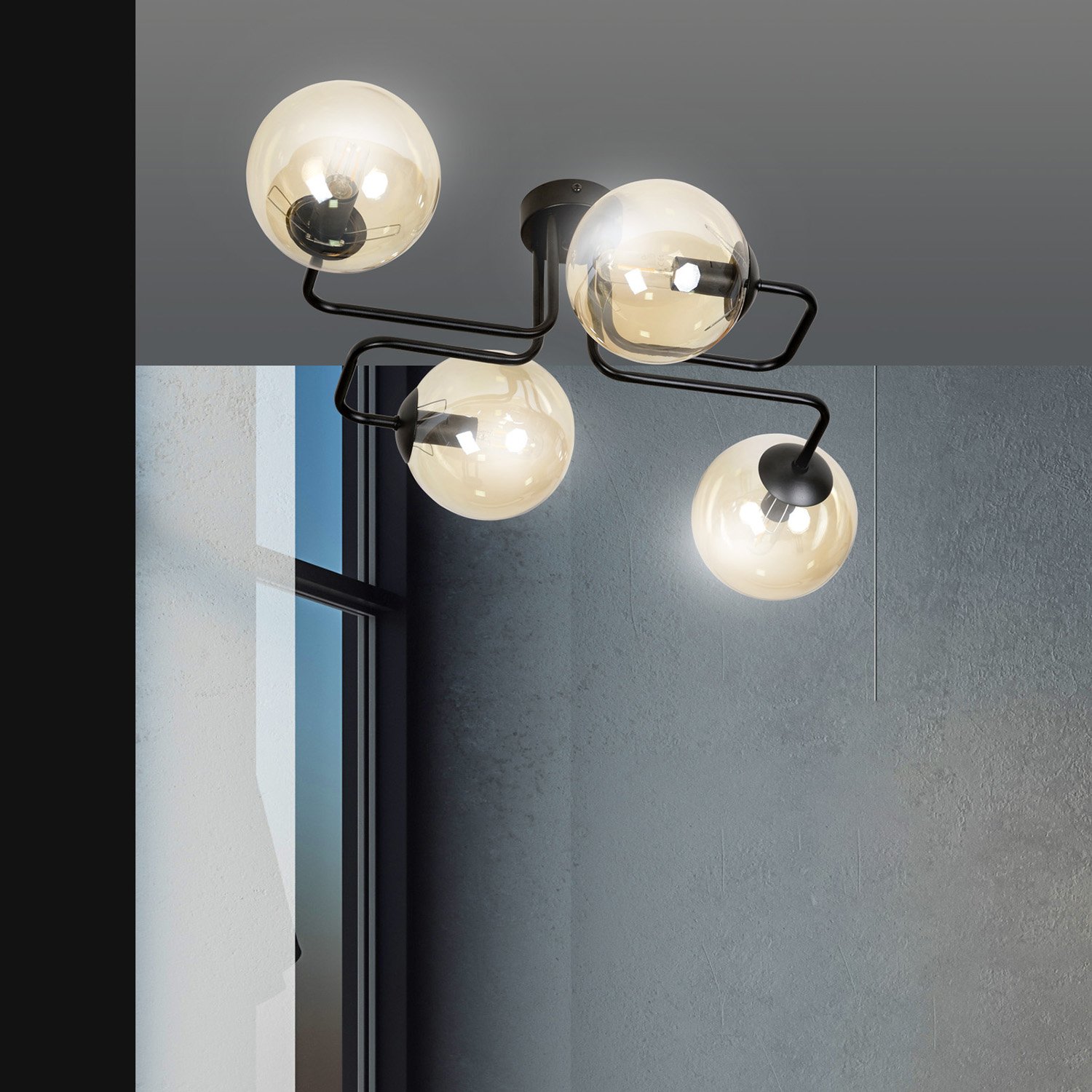Plafoniera 4 Luci Brandi In Acciaio Nero E Sfere In Vetro Ambra LA0160-EB-PL4-NR-AM