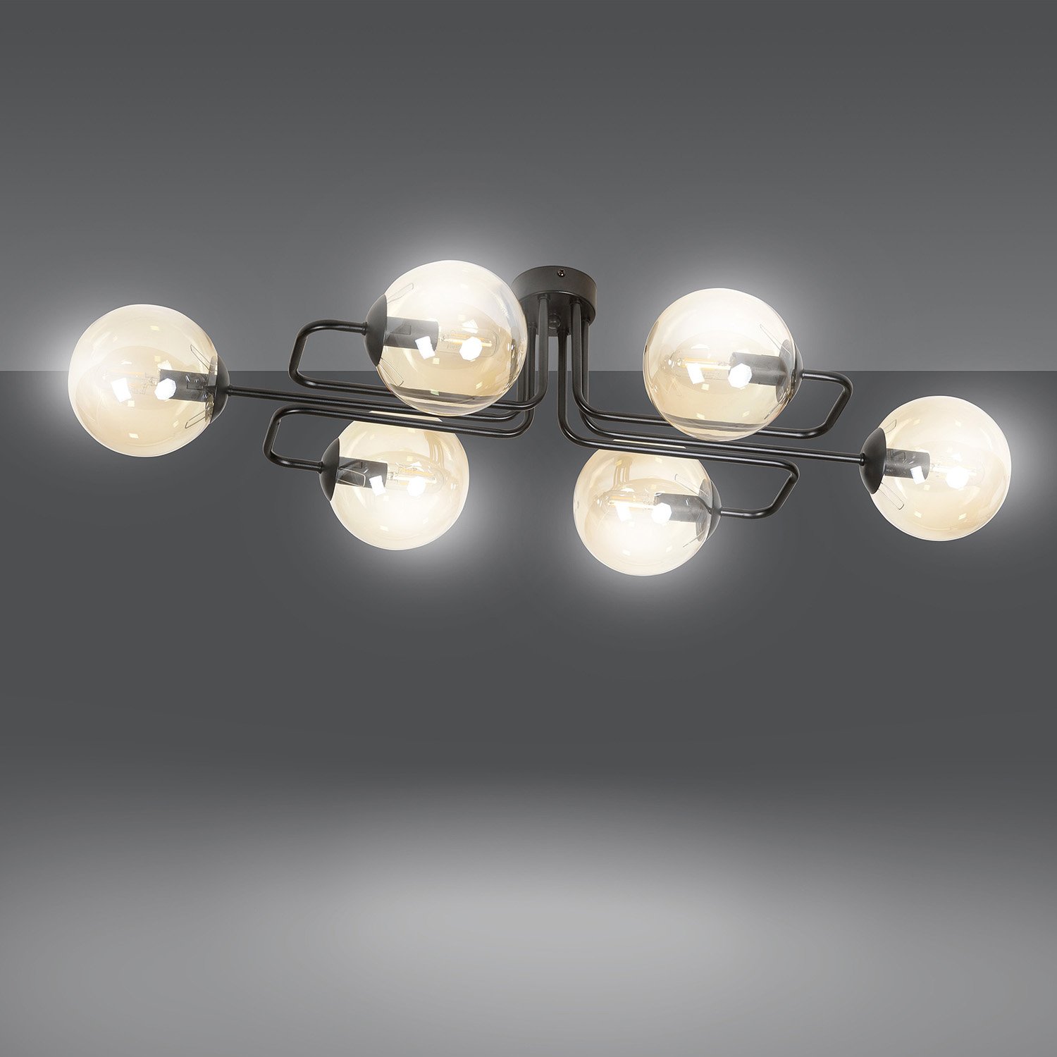Plafoniera 6 Luci Brandi In Acciaio Nero E Sfere In Vetro Ambra LA0160-EB-PL6-NR-AM