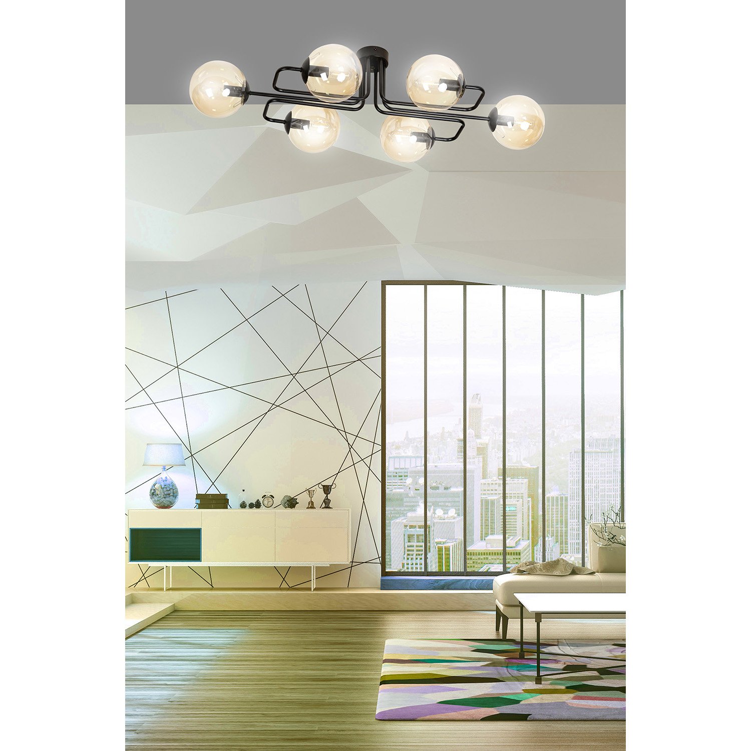 Plafoniera 6 Luci Brandi In Acciaio Nero E Sfere In Vetro Ambra LA0160-EB-PL6-NR-AM