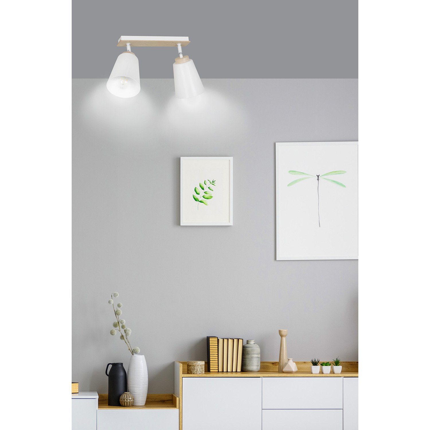 Plafoniera Spot Faretti Orientabili 2 Luci Xiwangmu Acciaio Bianco E Legno Naturale LA0162-EB-PL2-BI