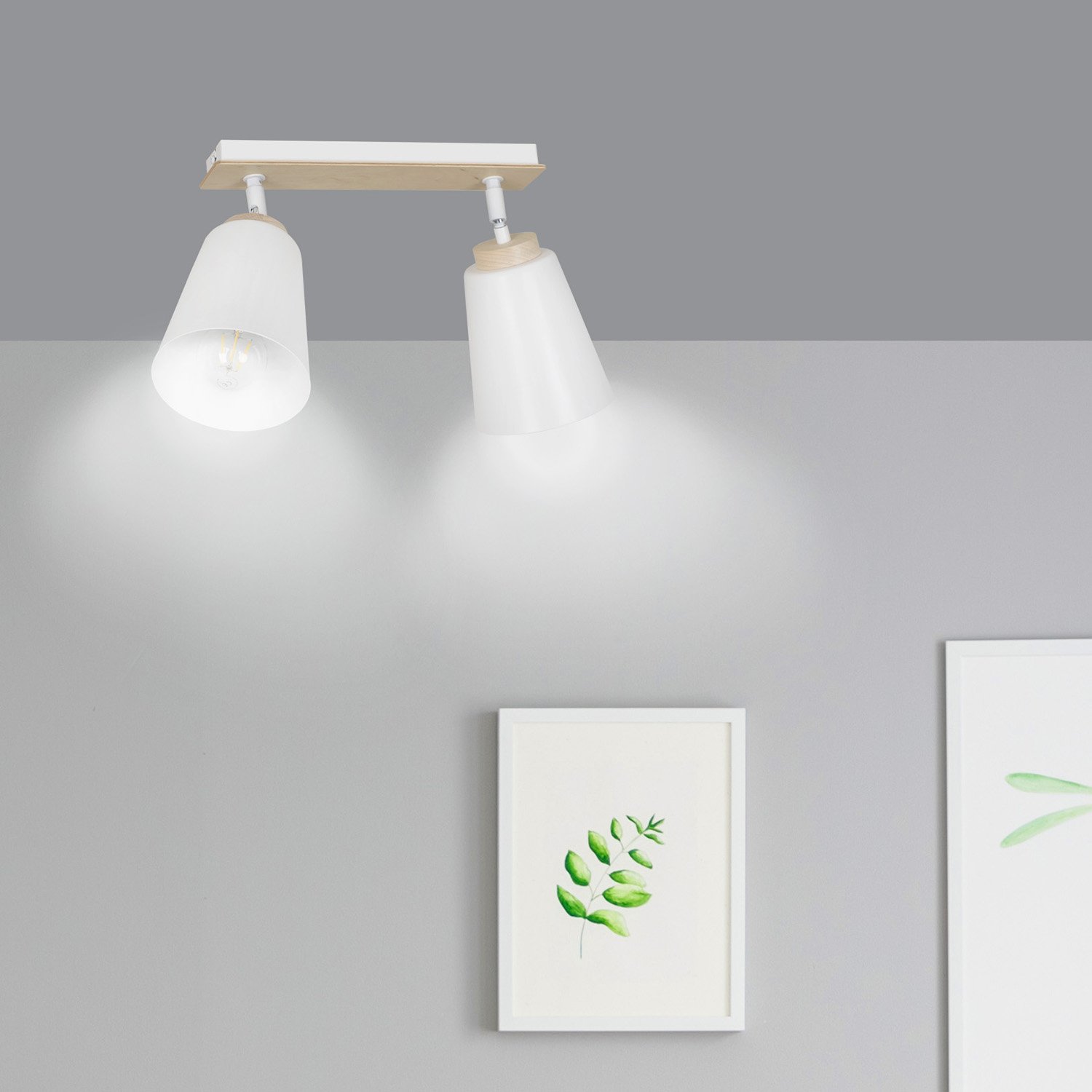 Plafoniera Spot Faretti Orientabili 2 Luci Xiwangmu Acciaio Bianco E Legno Naturale LA0162-EB-PL2-BI
