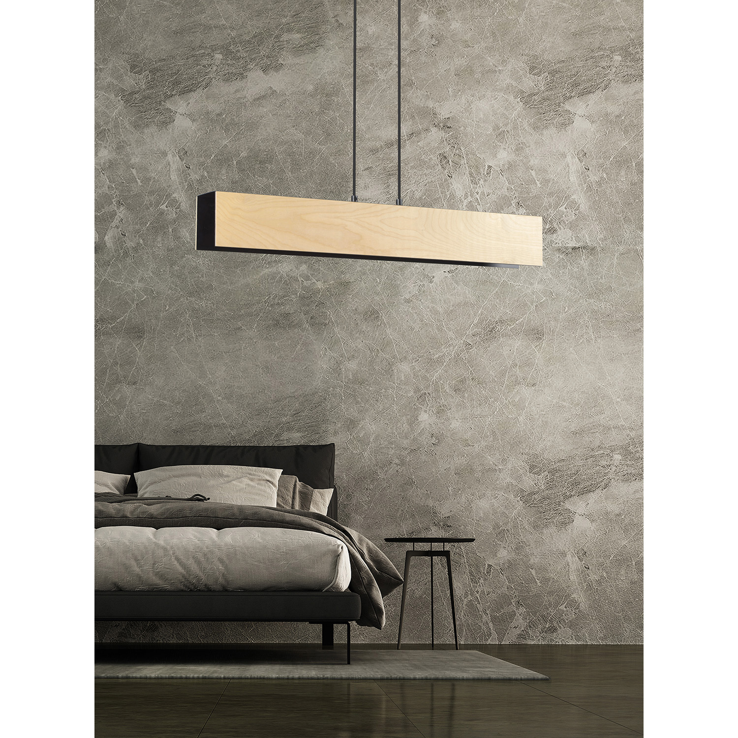 Lampadario 3 Luci Merlino In Acciaio Nero Corpo Rettangolare E Legno Naturale LA0163-EB-3-NR