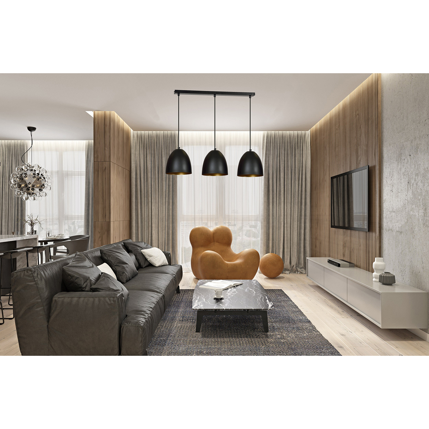 Lampadario 3 Luci Reartù In Acciaio Nero Con Cupole In Nero E Oro LA0164-EB-3-NR-OR