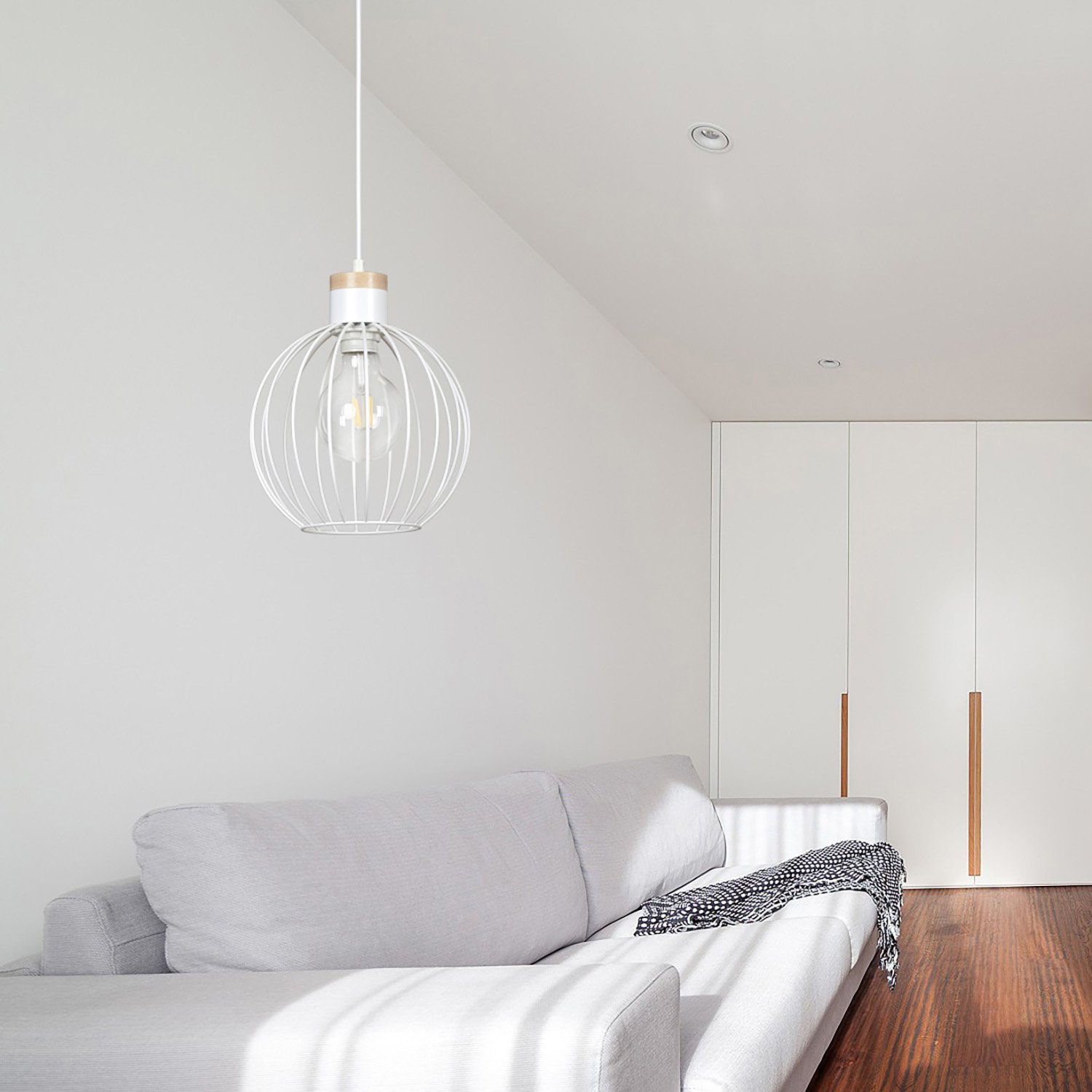 Sospensione 1 Luce Morgana Paralume A Gabbia In Acciaio Bianco E Legno Naturale LA0165-EB-1-BI