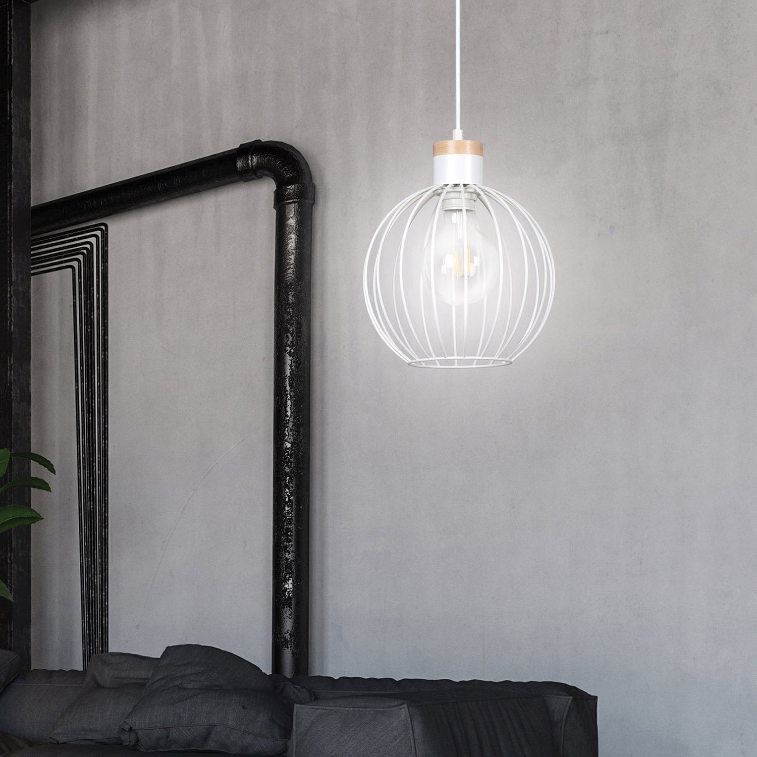 Sospensione 1 Luce Morgana Paralume A Gabbia In Acciaio Bianco E Legno Naturale LA0165-EB-1-BI