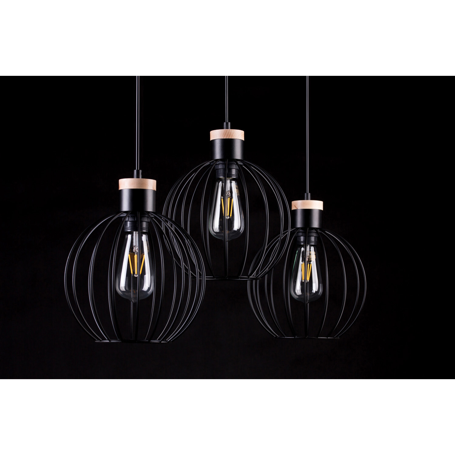 Lampadario 3 Luci Morgana Paralumi A Gabbia In Acciaio Nero E Legno Naturale LA0165-EB-3-NR