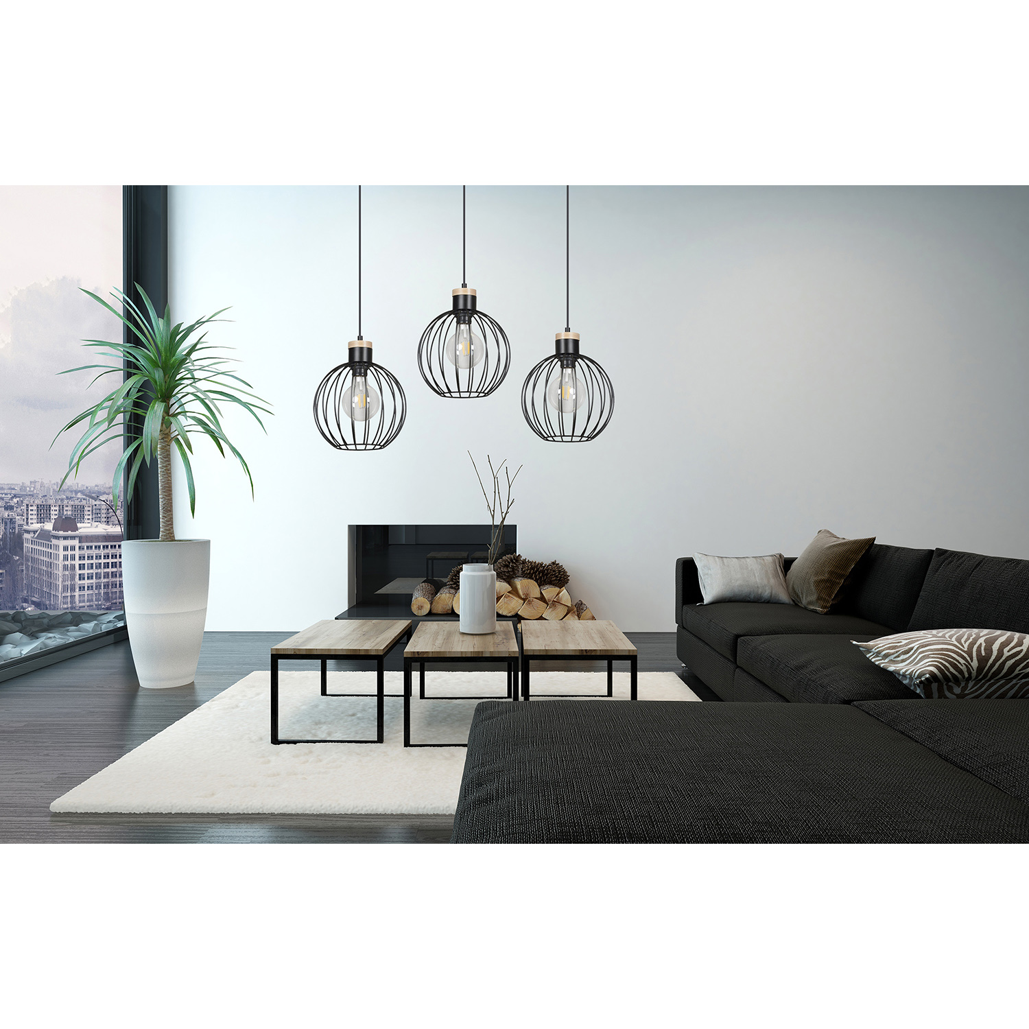 Lampadario 3 Luci Morgana Paralumi A Gabbia In Acciaio Nero E Legno Naturale LA0165-EB-3-NR