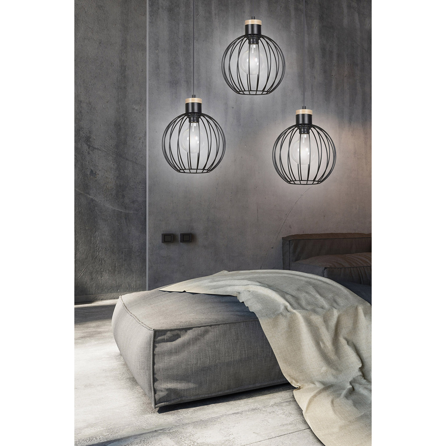 Lampadario 3 Luci Morgana Paralumi A Gabbia In Acciaio Nero E Legno Naturale LA0165-EB-3-NR