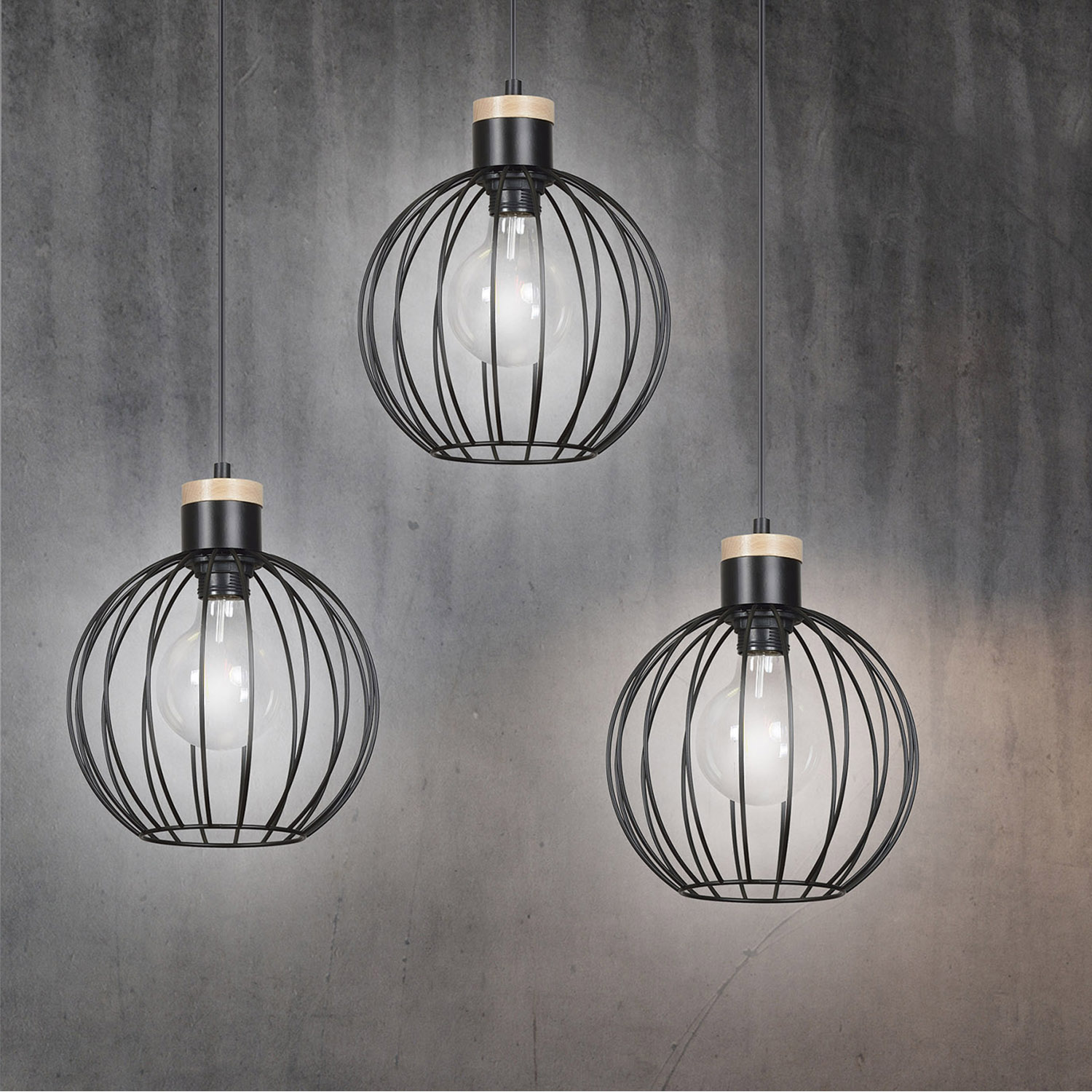 Lampadario 3 Luci Morgana Paralumi A Gabbia In Acciaio Nero E Legno Naturale LA0165-EB-3-NR