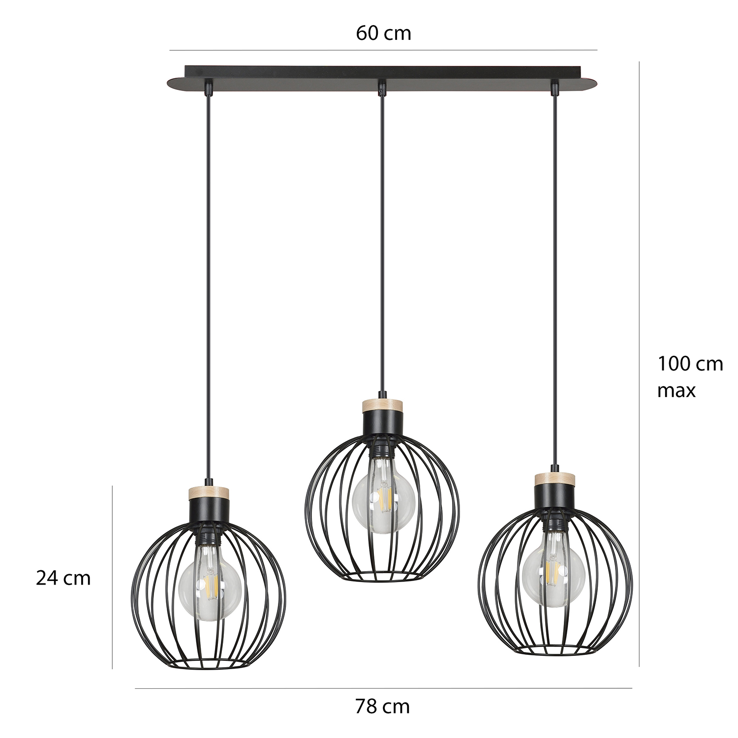 Lampadario 3 Luci Morgana Paralumi A Gabbia In Acciaio Nero E Legno Naturale LA0165-EB-3-NR