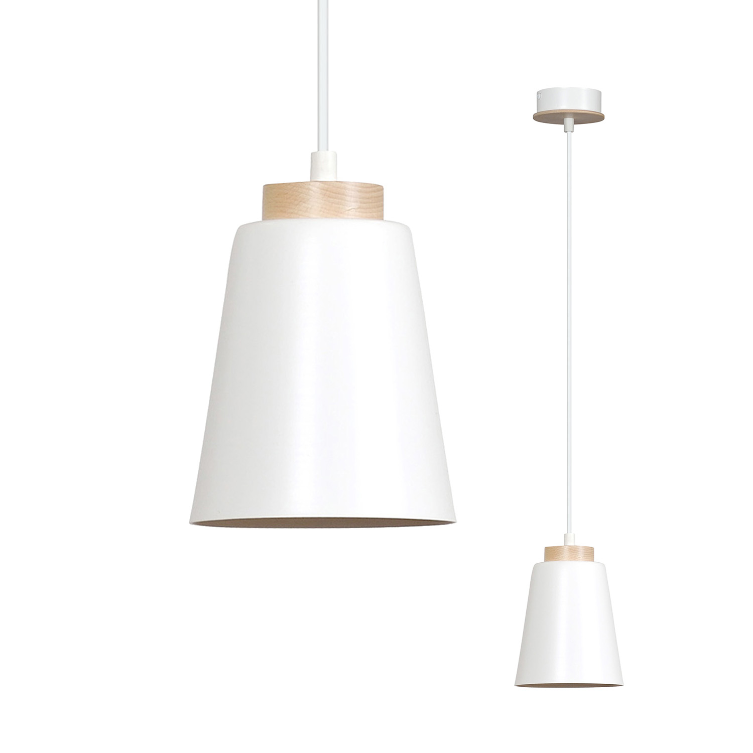 Sospensione 1 Luce Lancillotto A Cono In Acciaio Bianco E Legno Naturale LA0166-EB-1-BI