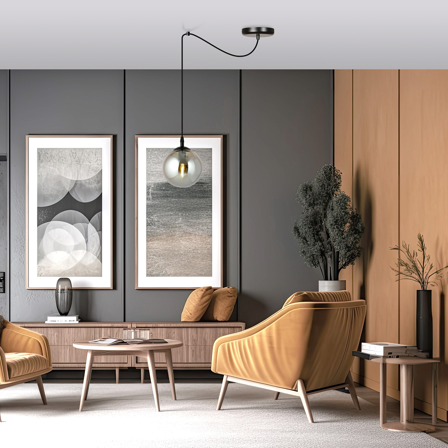 Sospensione 1 Luce Ginevra In Acciaio Nero Con Cavo Lungo E Vetro Fumè LA0168-EB-1-NR-GR